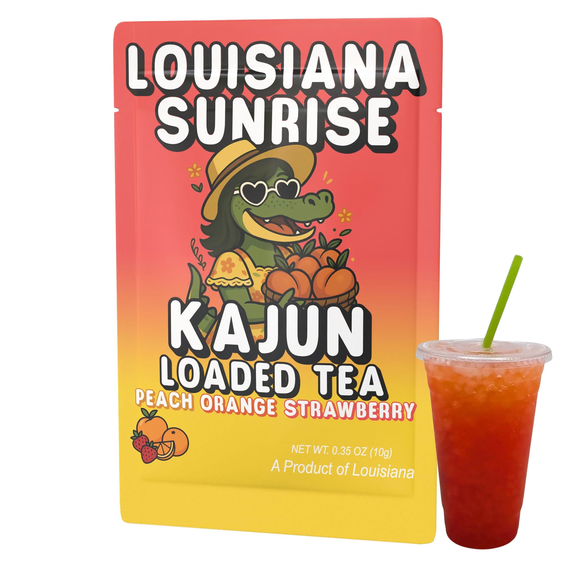 A large packet of Louisiana Sunrise Kajun Loaded Tea next to a cup of the drink with a green straw.