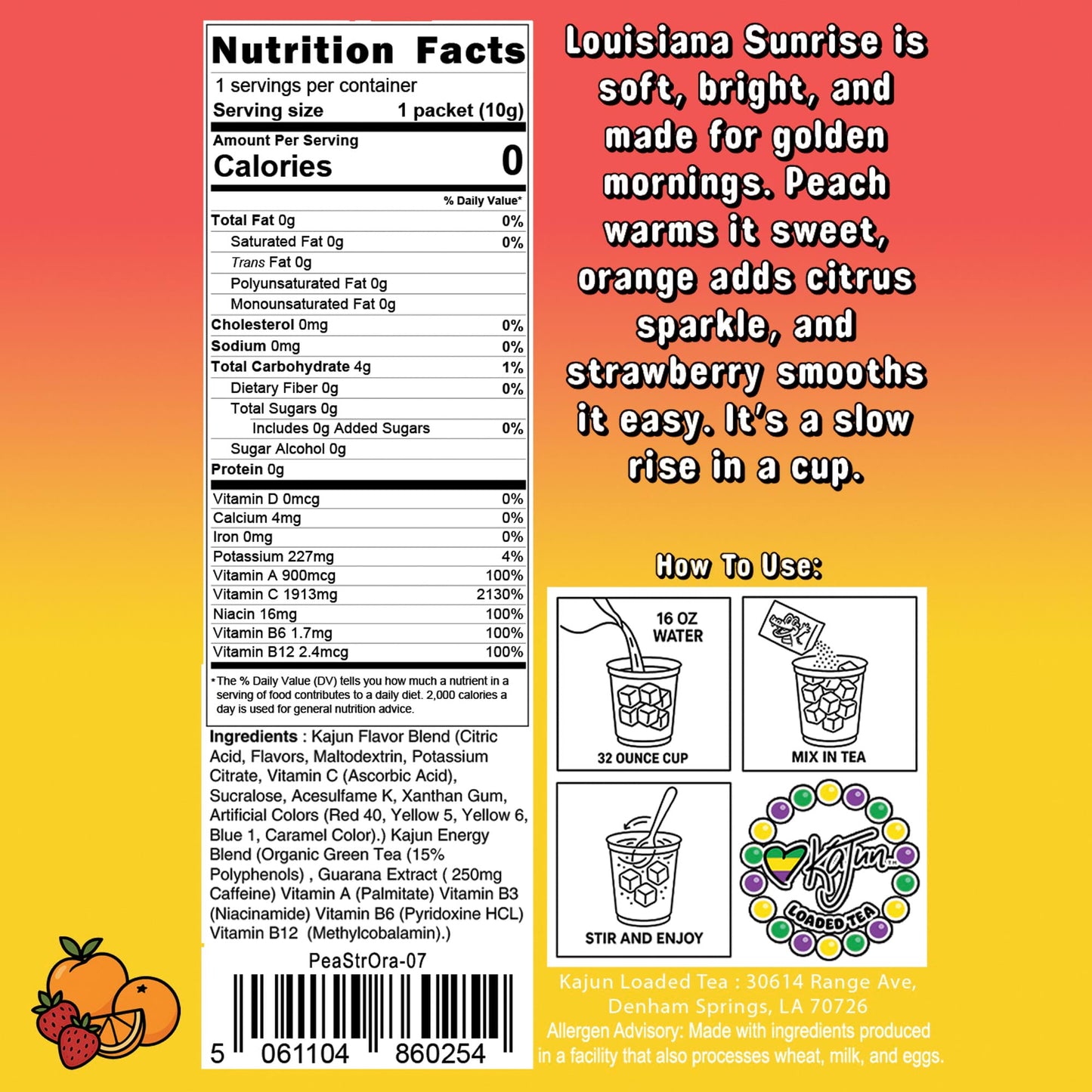 The back of the Louisiana Sunrise Kajun Loaded Tea packet showing nutrition facts, ingredients, flavor description, and mixing instructions.