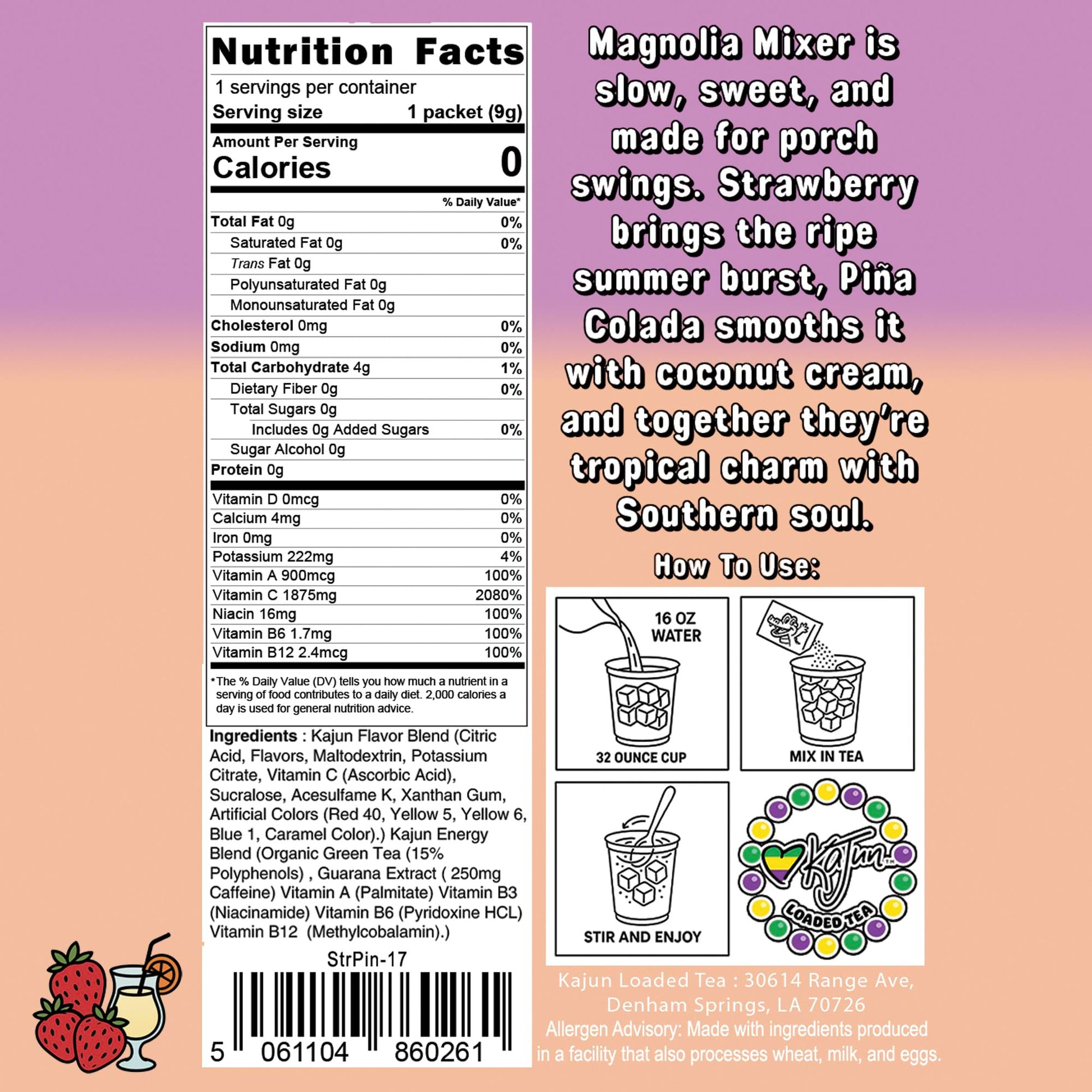 The back view of the Magnolia Mixer packet showing its nutrition label, tropical flavor notes, and step-by-step mixing guide.