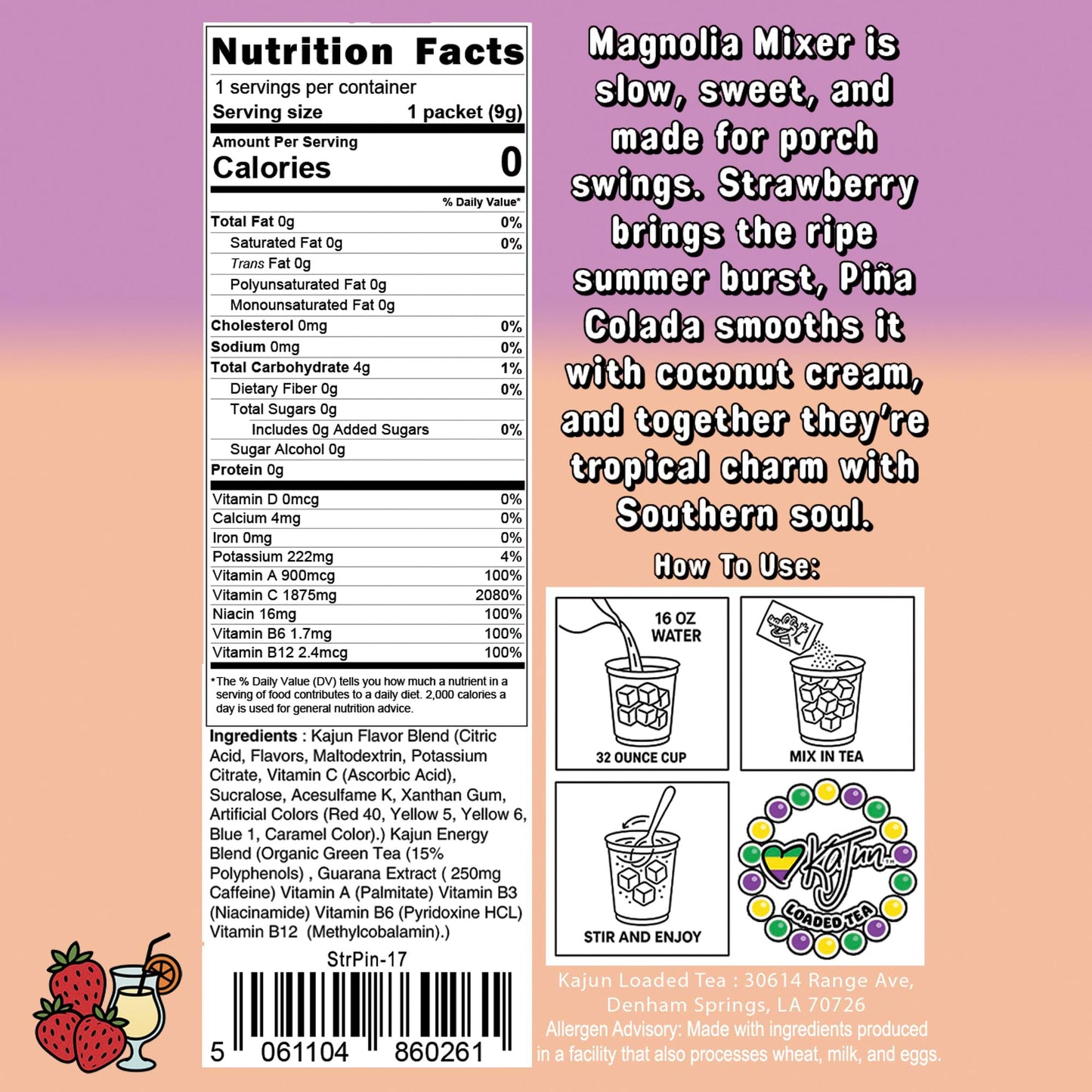 The back view of the Magnolia Mixer packet showing its nutrition label, tropical flavor notes, and step-by-step mixing guide.