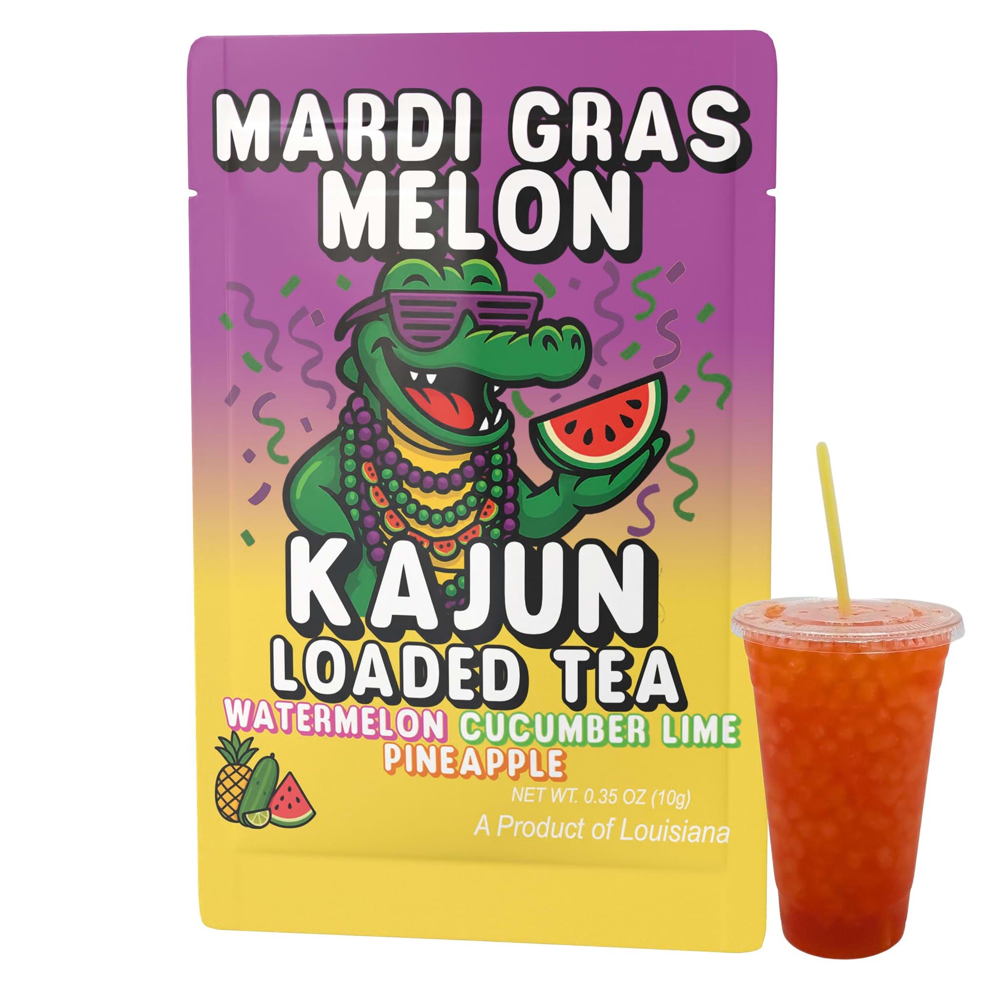 A large Mardi Gras Melon packet with the gator mascot holding a watermelon slice is placed next to a clear cup filled with the prepared, reddish-orange drink.