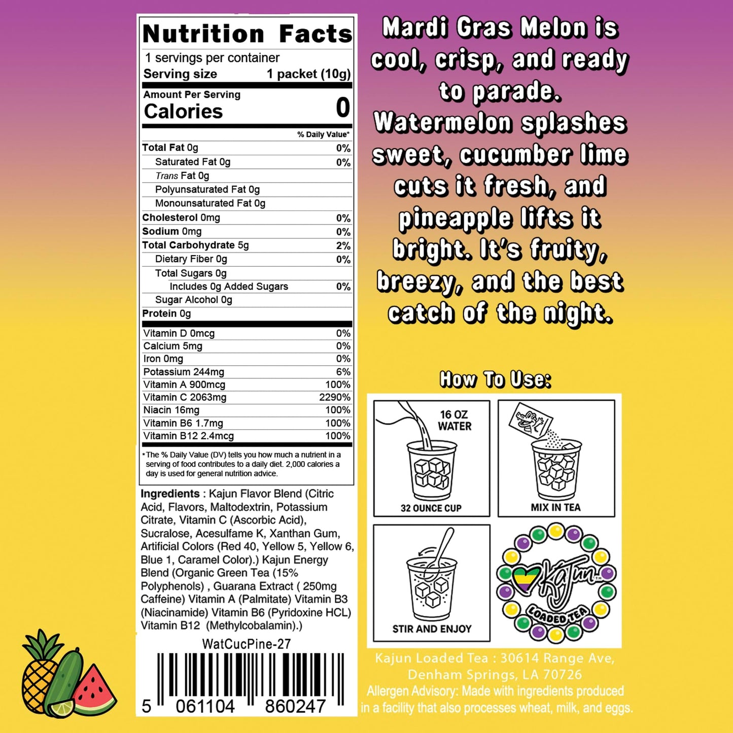The back view of the Mardi Gras Melon packet shows its Nutrition Facts confirming 0 Calories, 0 Sugar, and 2063mg Vitamin C, along with the flavor description and step-by-step mixing guide.