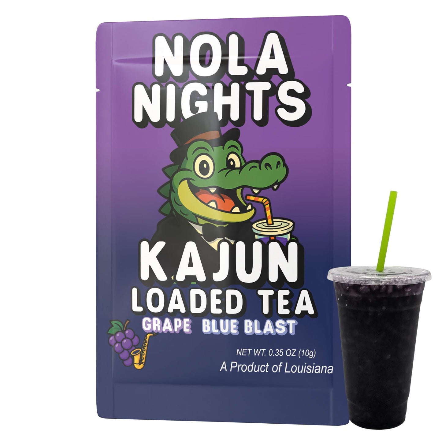 The single Nola Nights packet and a cup of the dark purple loaded tea, showcasing the alligator mascot and the Grape Blue Blast flavor.