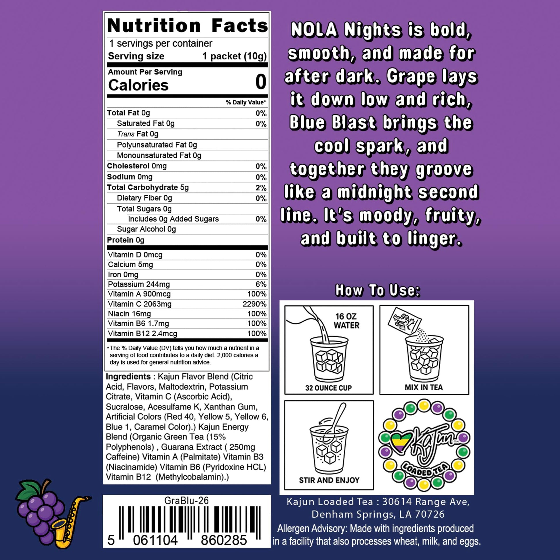 Nutrition Facts panel showing 0 Calories, 0 Sugar, 2063mg Vitamin C, plus instructions and flavor text for the Grape Blue Blast loaded tea.