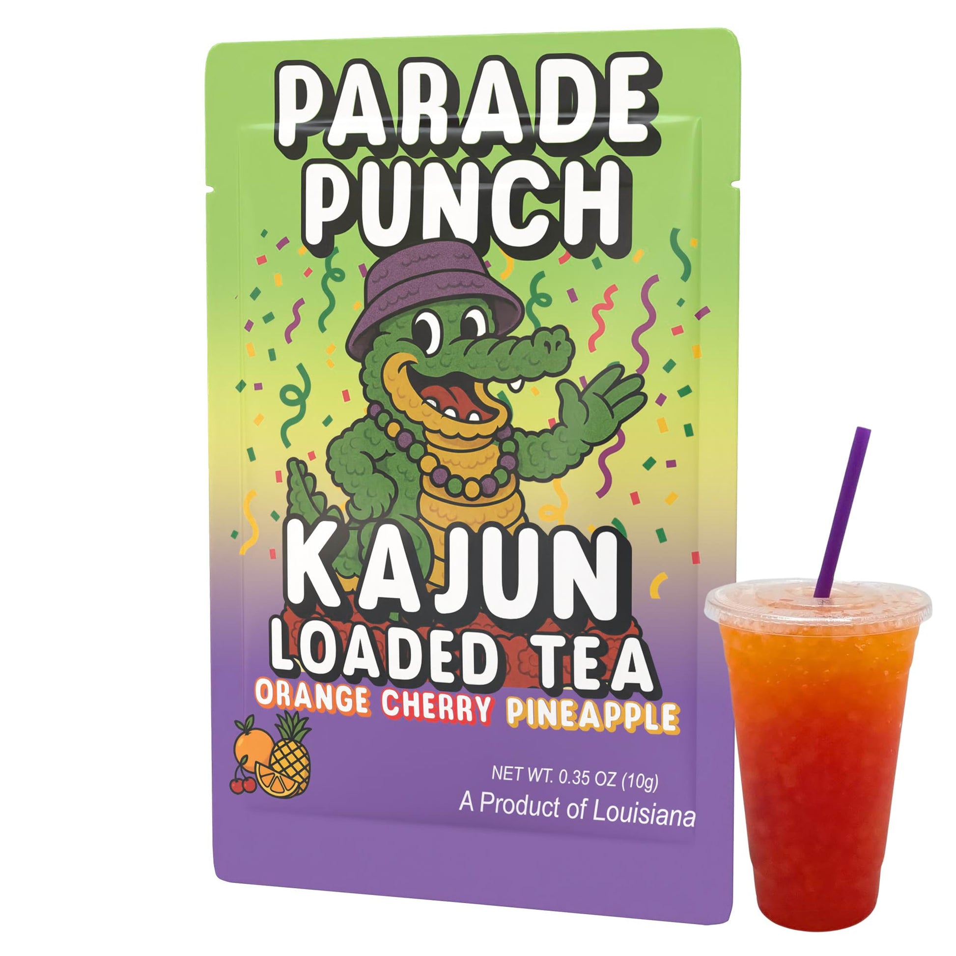 Kajun Loaded Tea Parade Punch packet and a cup of the layered orange and red loaded tea, showcasing the alligator mascot and the Orange Cherry Pineapple flavor.