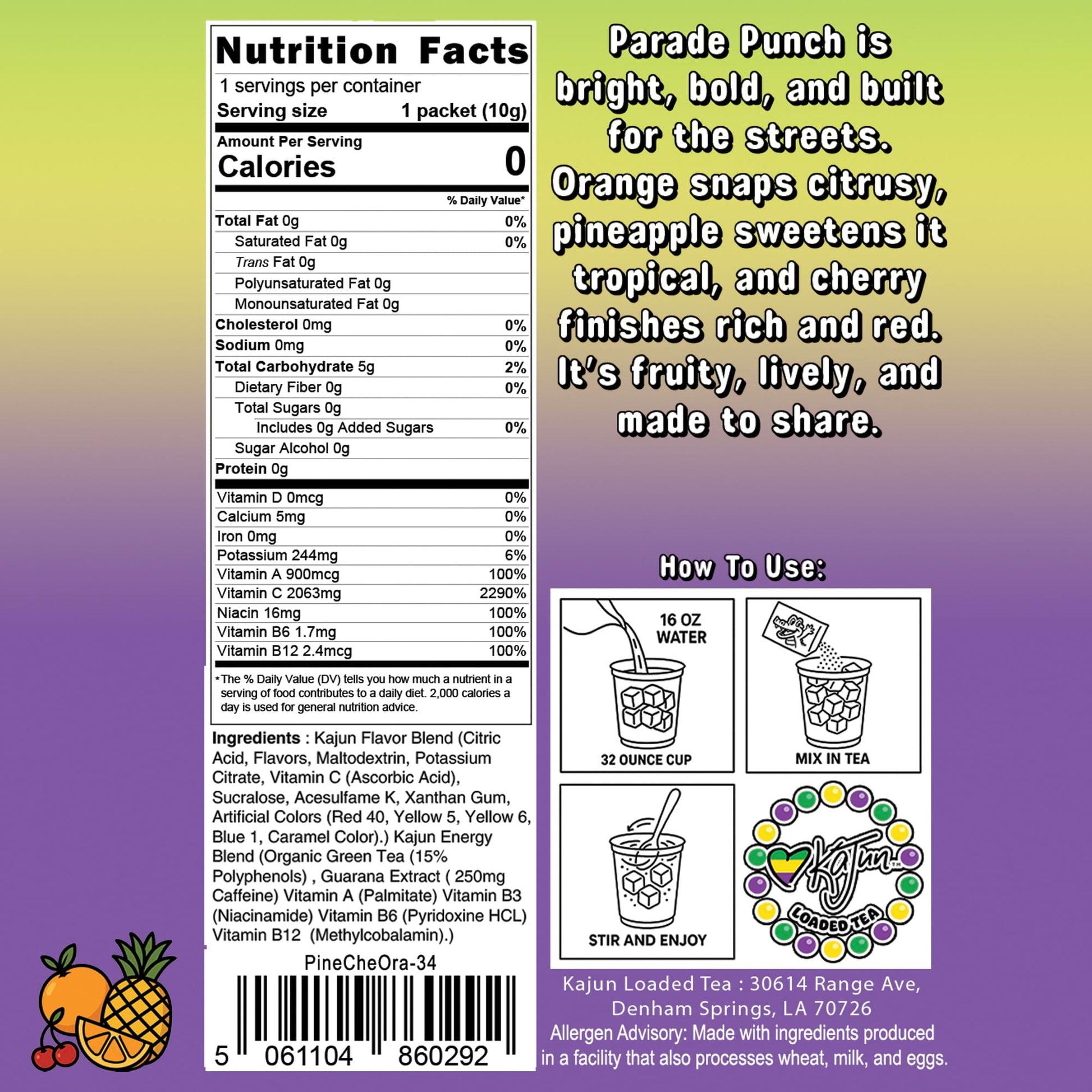 Nutrition Facts panel confirms 0 Calories, 0 Sugar, 2063mg Vitamin C, and contains instructions and flavor text for the Orange Cherry Pineapple loaded tea.