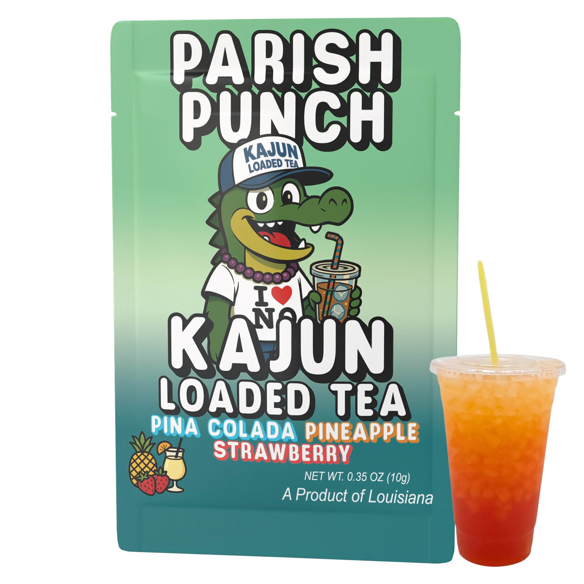 Product Image of Parish Punch packet and a cup of the layered orange and red loaded tea, showcasing the alligator mascot and the Piña Colada Pineapple Strawberry flavor.