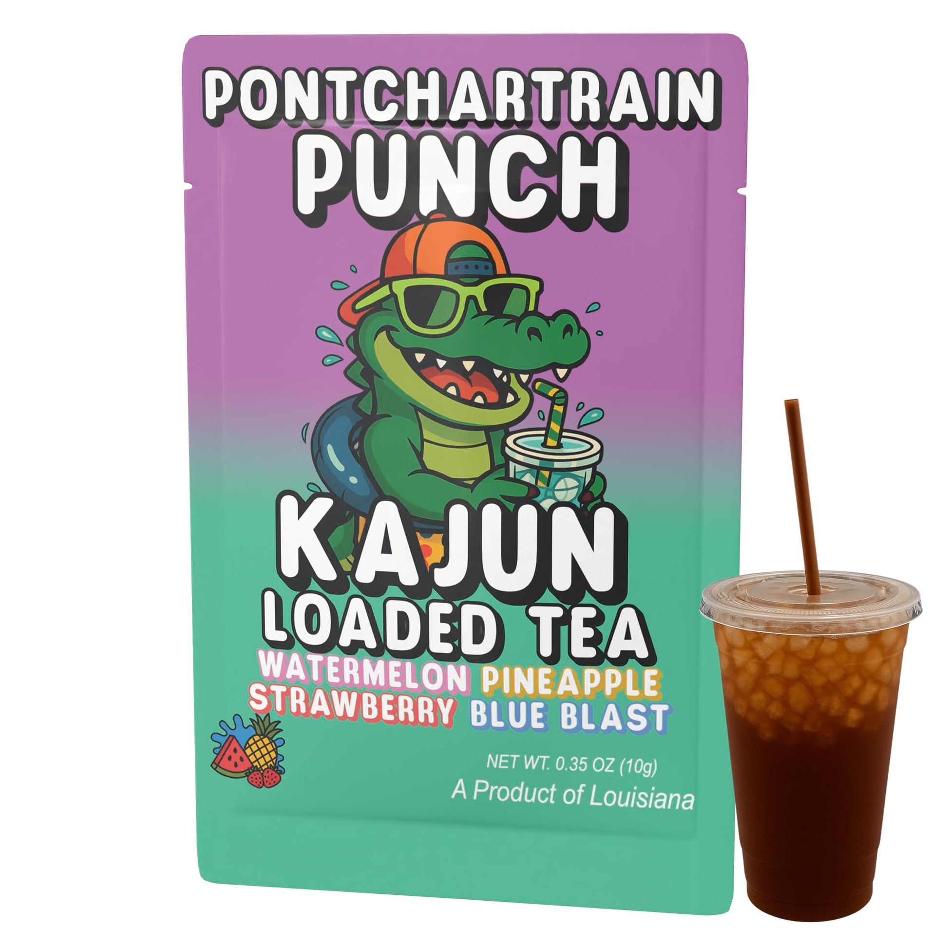 Kajun Loaded Tea Pontchartrain Punch packet and a cup of the dark amber loaded tea, showcasing the alligator mascot and the Watermelon Pineapple Strawberry Blue Blast flavor.