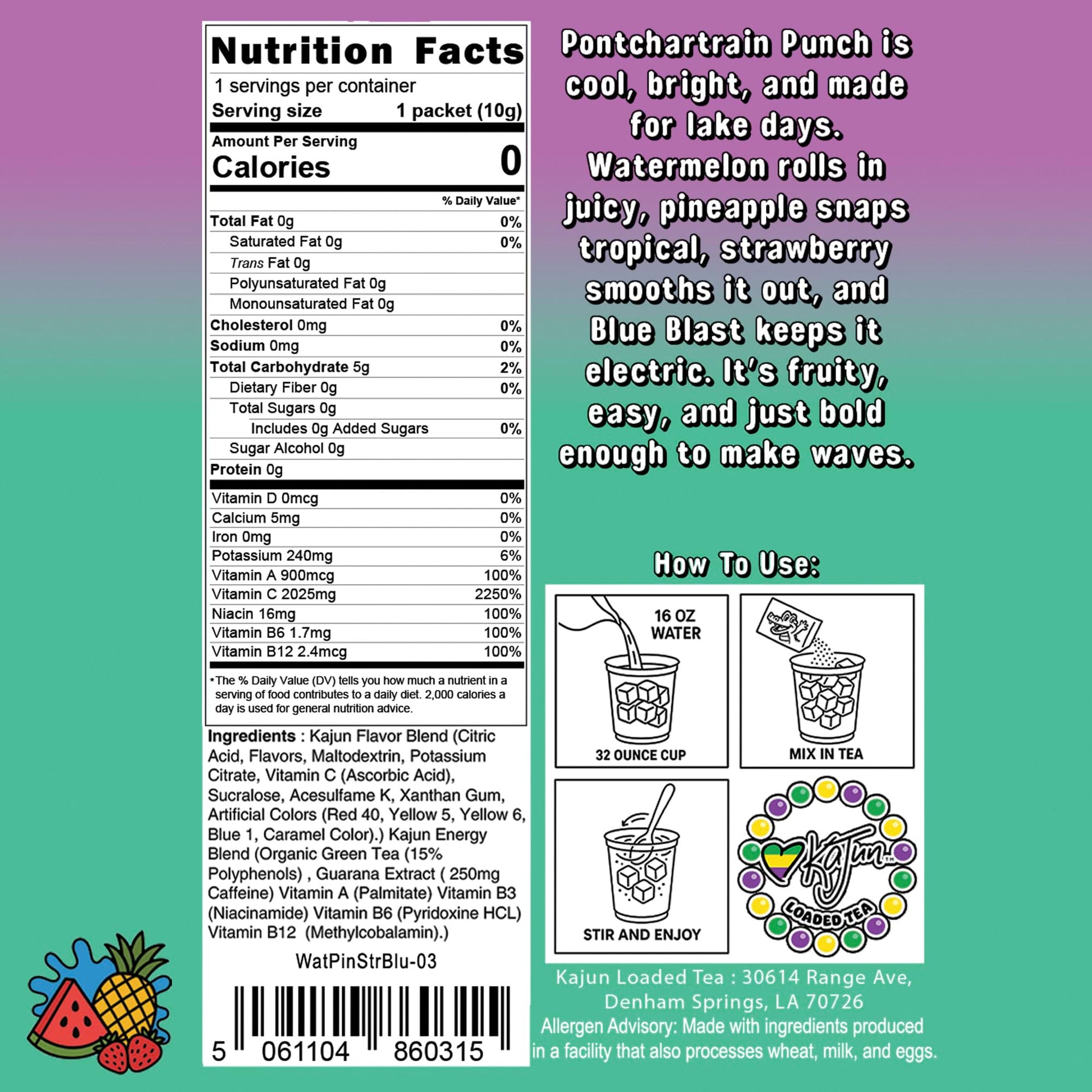 Nutrition Facts panel confirms 0 Calories, 0 Sugar, 2025mg Vitamin C, and contains instructions and flavor text for the Watermelon Pineapple Strawberry Blue Blast loaded tea.