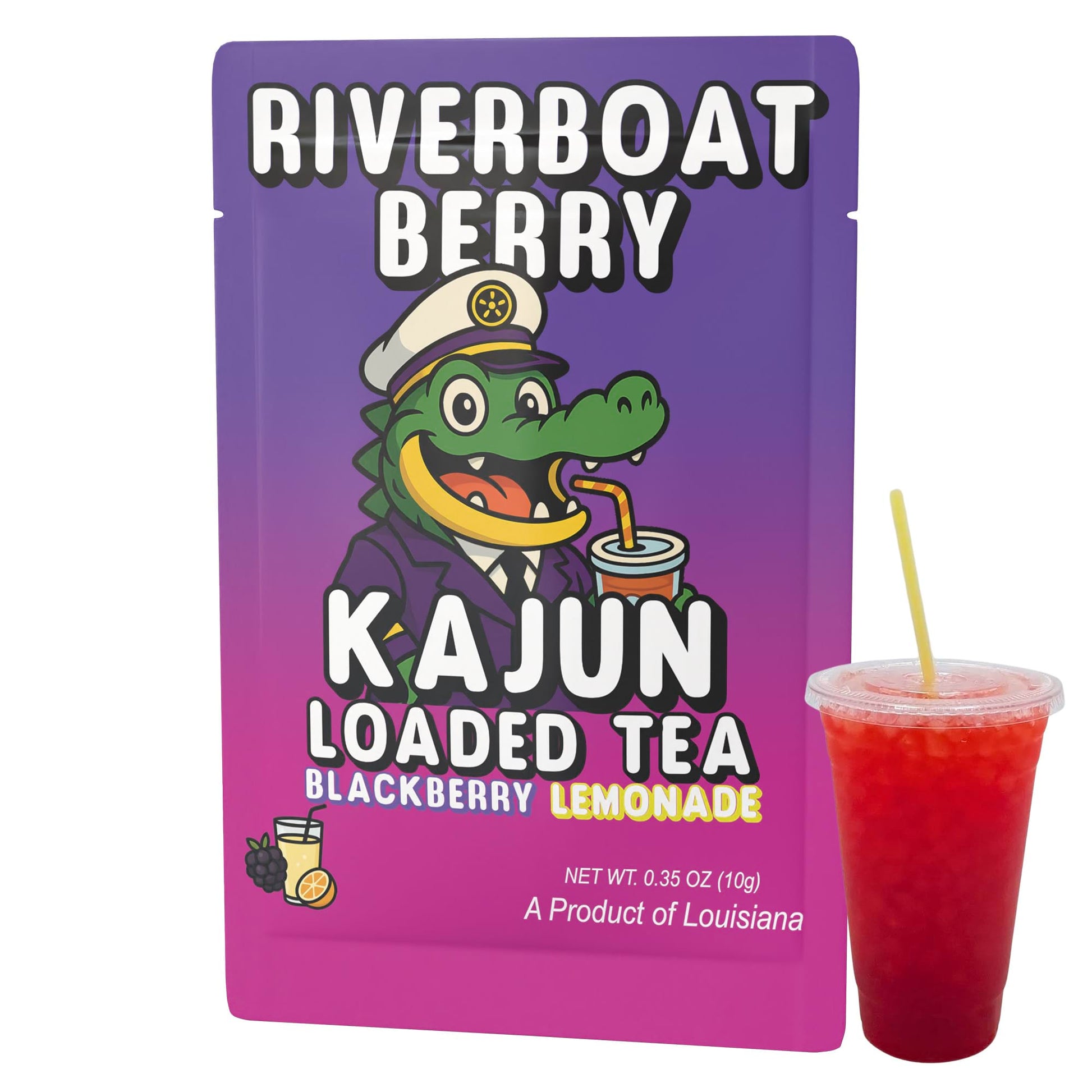 The single Riverboat Berry packet and a cup of the vibrant red loaded tea, showcasing the alligator mascot and the Blackberry Lemonade flavor.