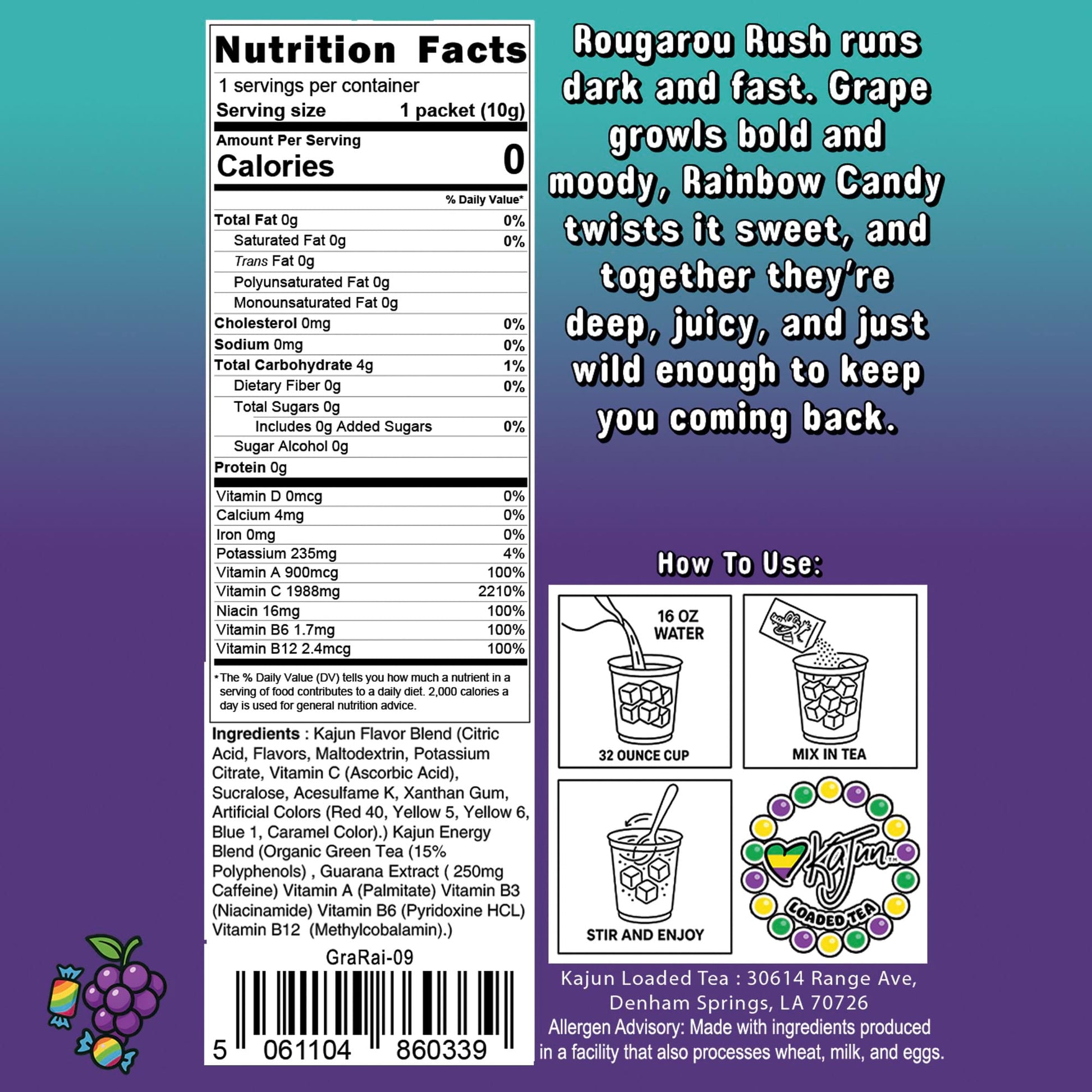 Nutrition Facts panel confirms 0 Calories, 0 Sugar, 1988mg Vitamin C, and contains instructions and flavor text for the Grape Rainbow Candy loaded tea.