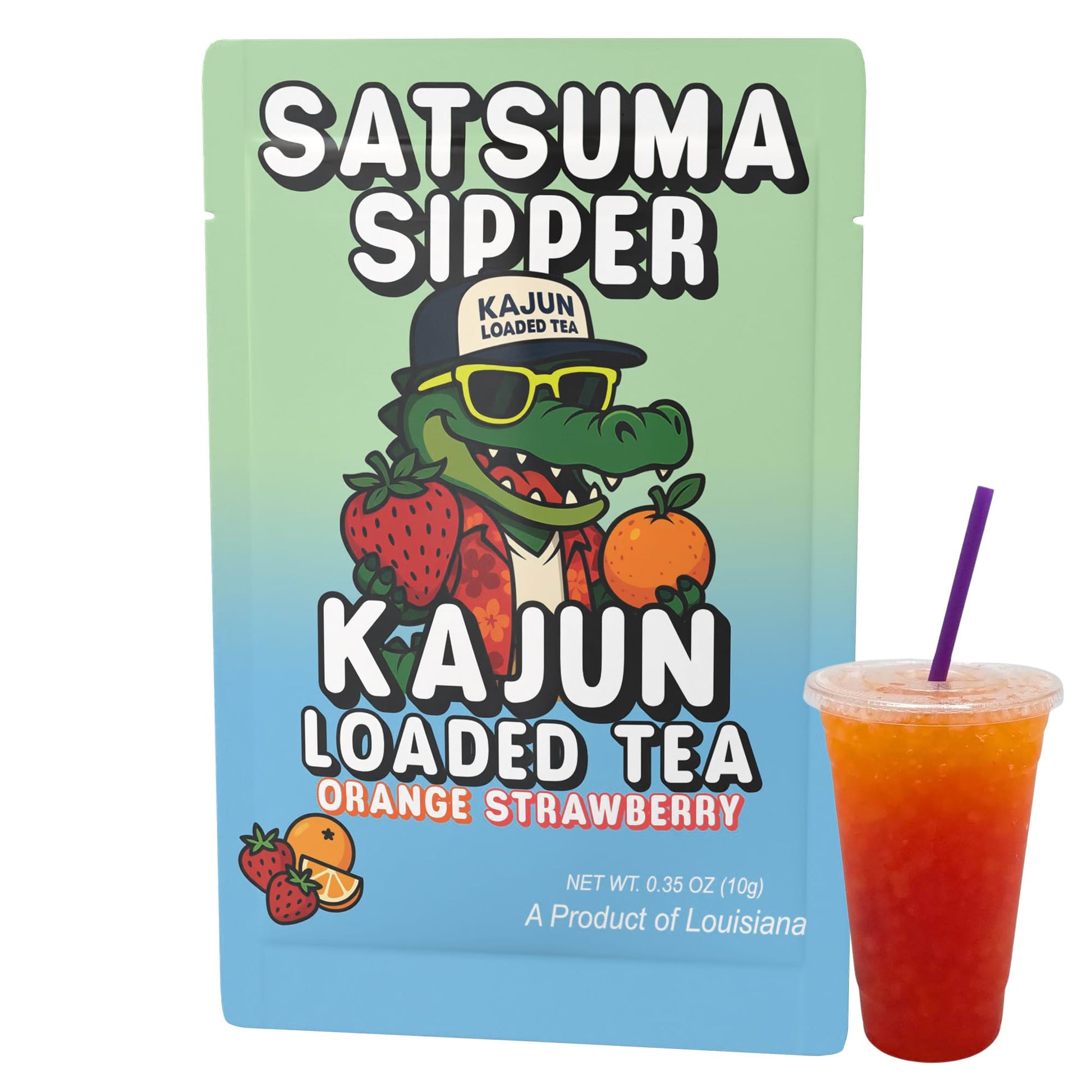 The single Satsuma Sipper packet and a cup of the layered orange and red loaded tea, showcasing the alligator mascot and the Orange Strawberry flavor.