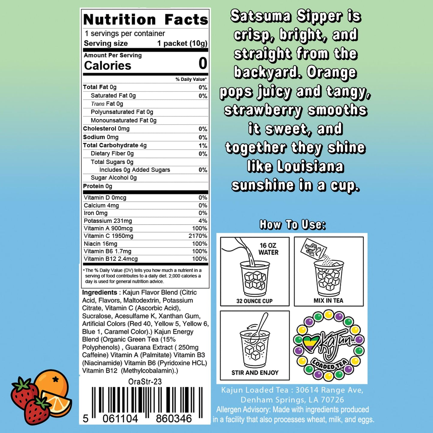 Nutrition Facts panel confirms 0 Calories, 0 Sugar, 1950mg Vitamin C, and contains instructions and flavor text for the Orange Strawberry loaded tea.