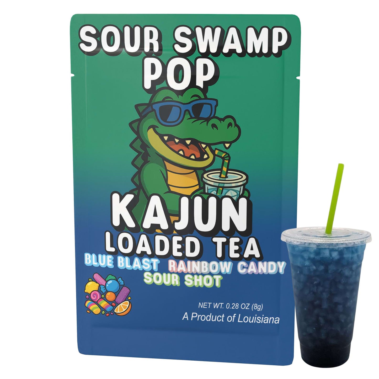 The single Sour Swamp Pop packet and a cup of the dark blue loaded tea, showcasing the alligator mascot and the Blue Blast Rainbow Candy Sour Shot flavor.