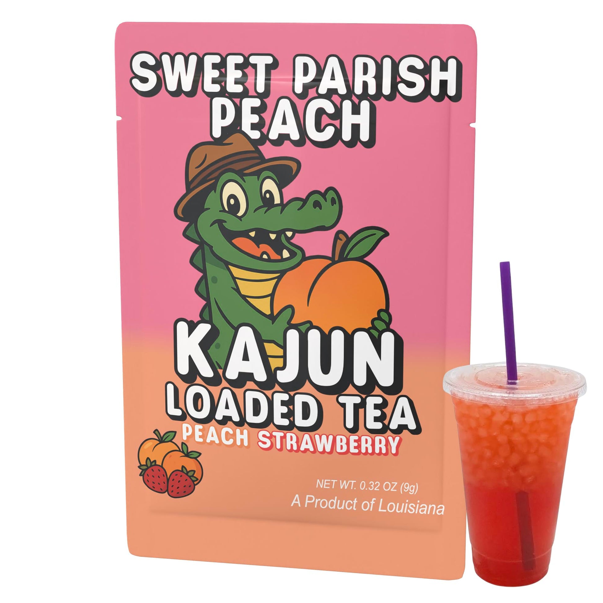 The single Sweet Parish Peach packet and a cup of the layered red and orange loaded tea, showcasing the alligator mascot and the Peach Strawberry flavor.