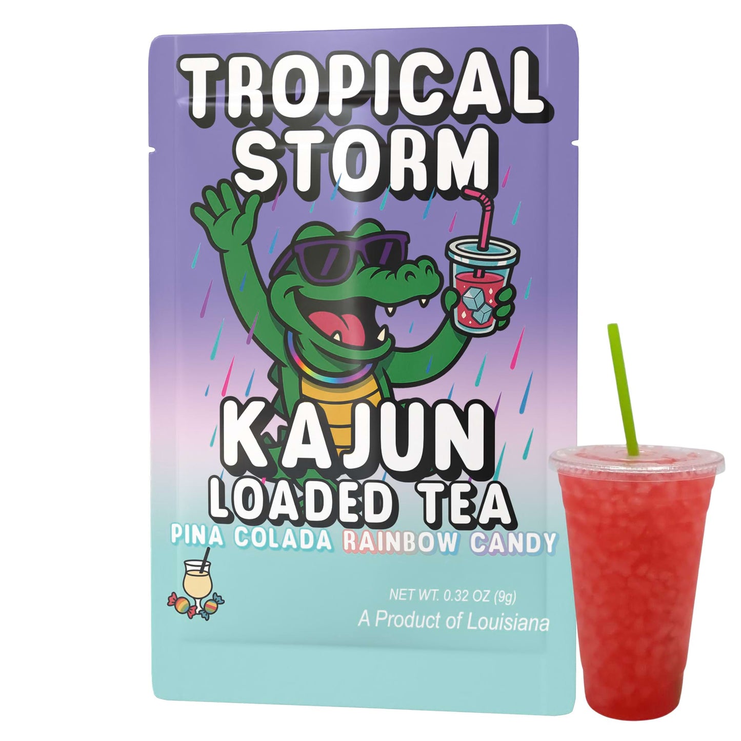 The single Tropical Storm packet and a cup of the vibrant red loaded tea, showcasing the alligator mascot and the Piña Colada Rainbow Candy flavor.