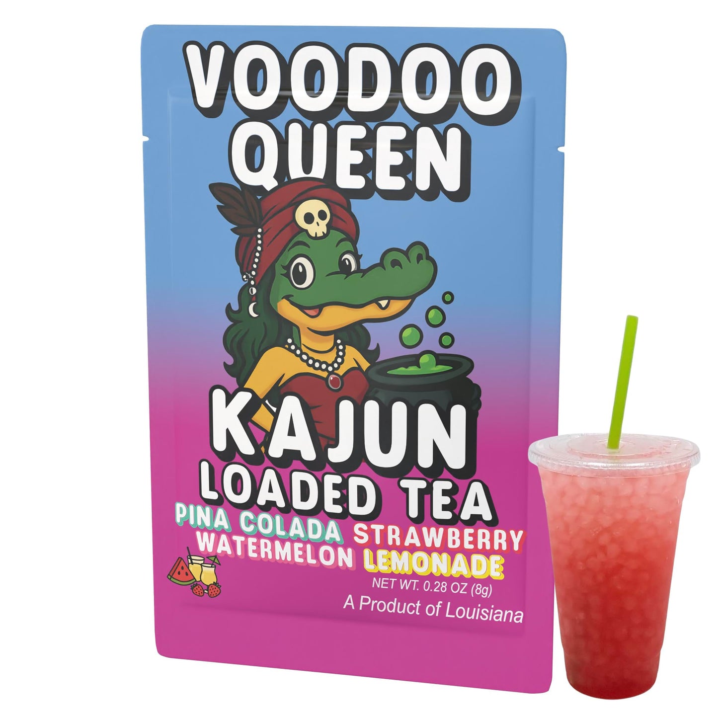 Product Image of Voodoo Queen packet and a cup of the vibrant pink loaded tea, showcasing the alligator mascot and the Piña Colada Strawberry Watermelon Lemonade flavor.