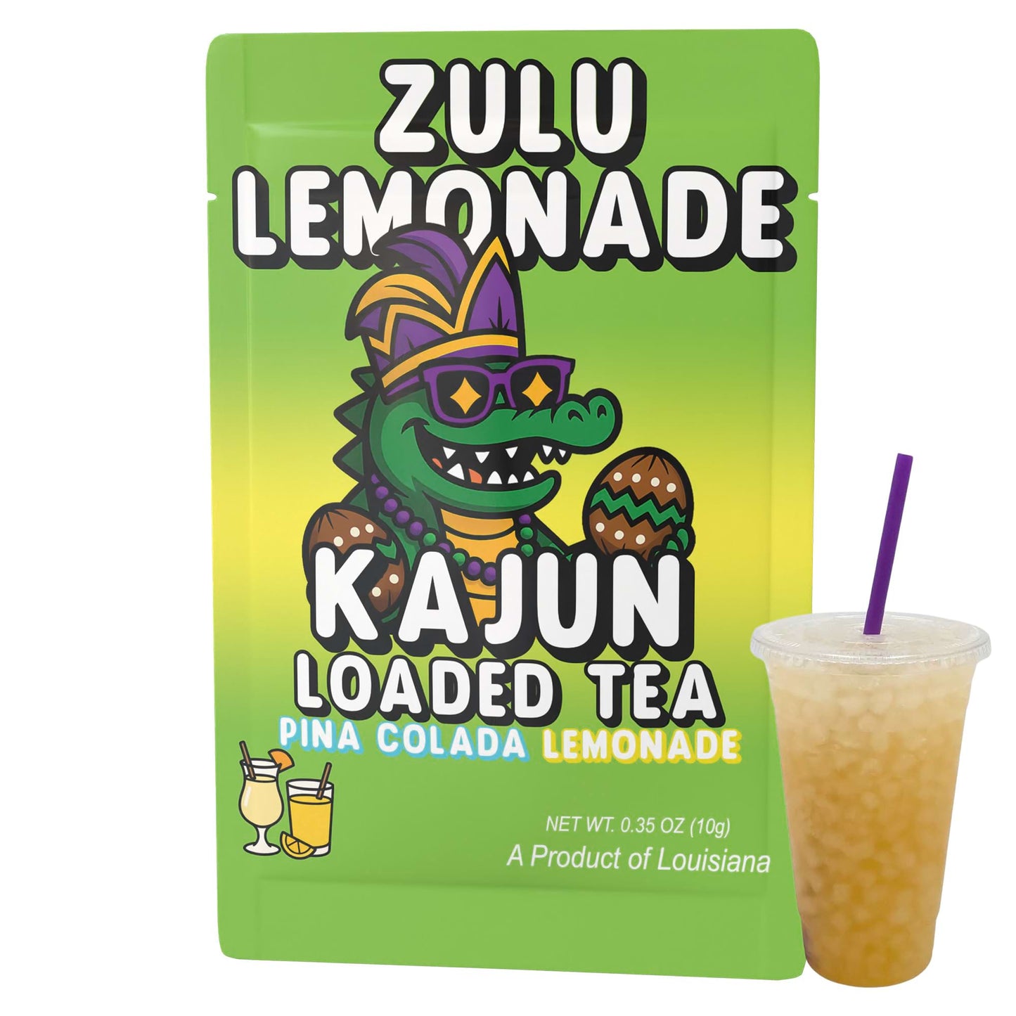 The single Zulu Lemonade packet and a cup of the light yellow-gold loaded tea, showcasing the alligator mascot and the Piña Colada Lemonade flavor.