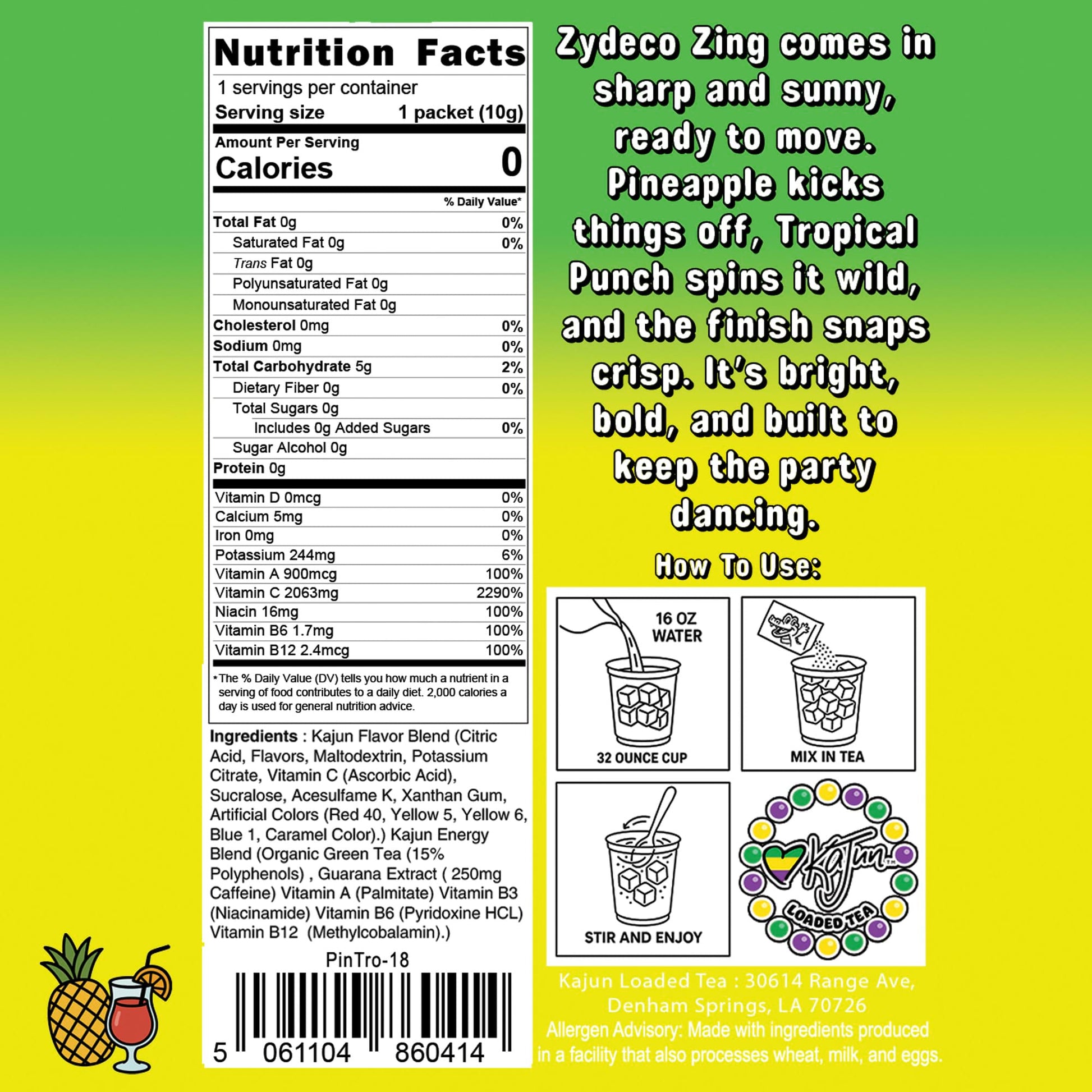 Nutrition Facts panel confirms 0 Calories, 0 Sugar, 2063mg Vitamin C, and contains instructions and flavor text for the Pineapple Tropical Punch loaded tea.