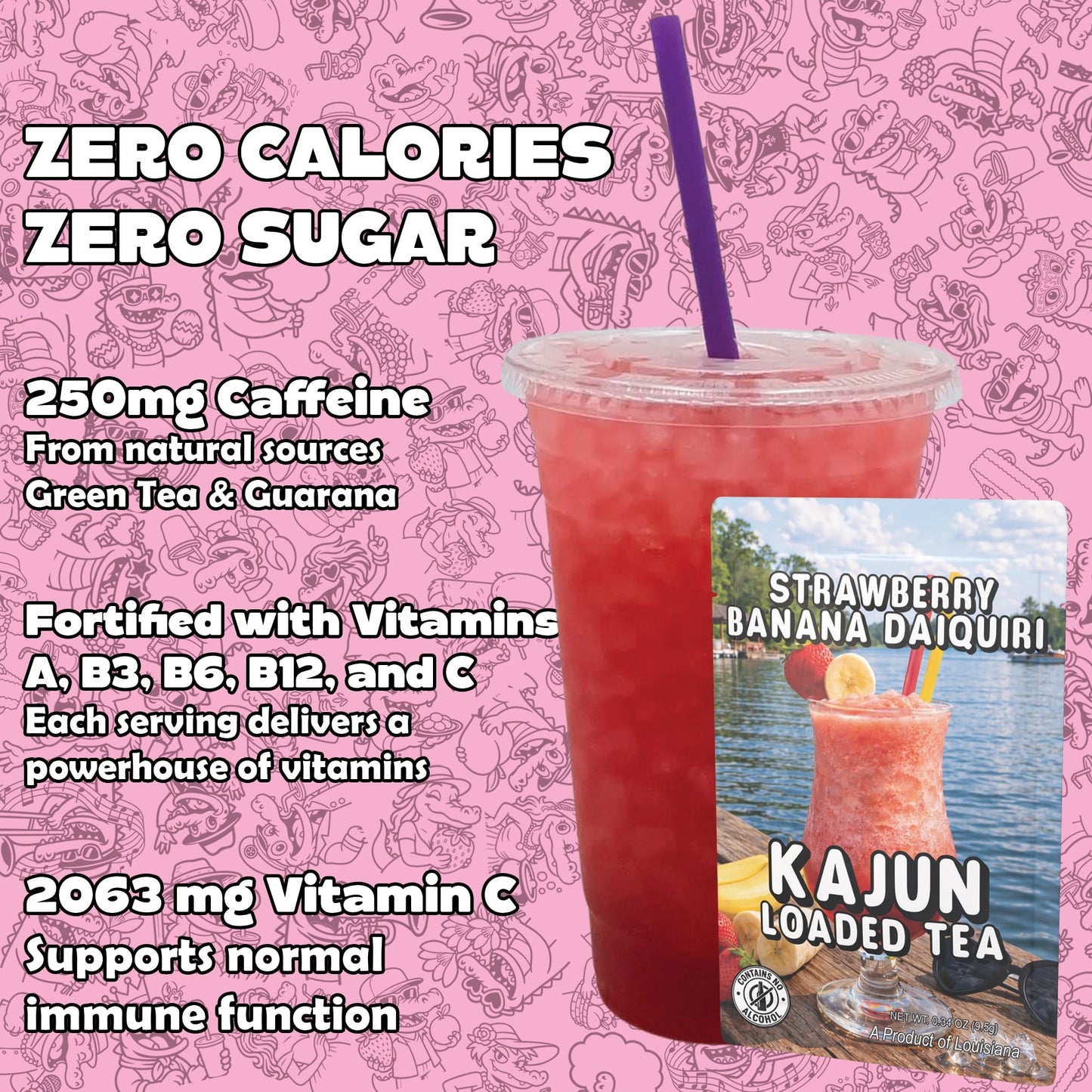 Strawberry banana daiquiri with nutritional information on a pink background
