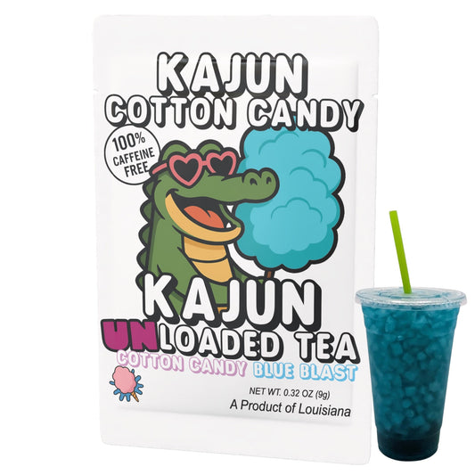 Kajun Cotton Candy UNLoaded Tea with a 100% Caffeine Free Badge next to a bright blue drink in a cup on a white background