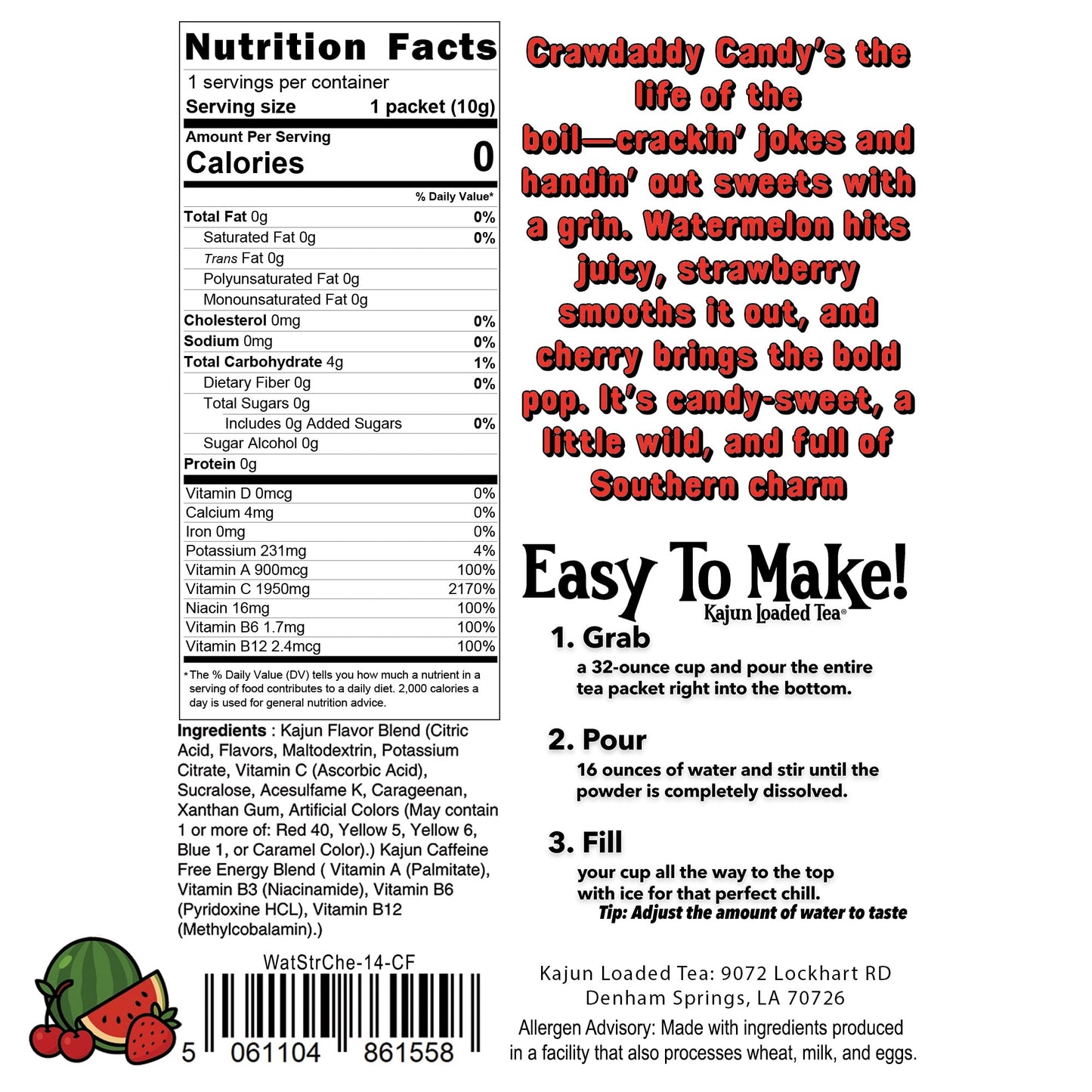 Nutrition facts label and product description for UNLoaded Tea Crawdaddy Candy on a white background