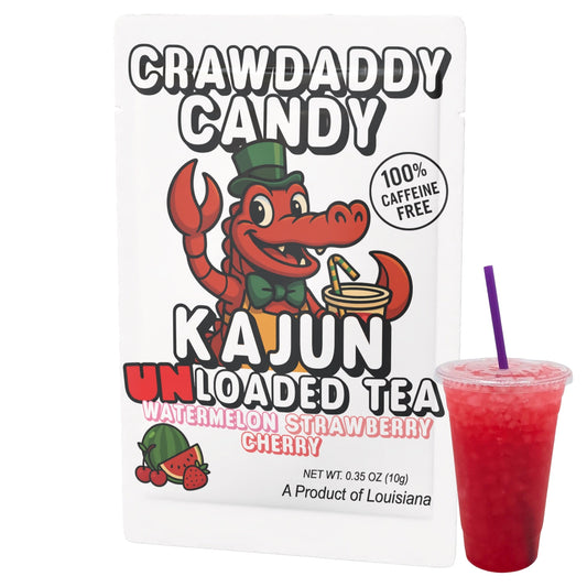 Crawdaddy Candy Kajun UNLoaded Tea with a 100% Caffeine Free Badge next to a red drink in a cup on a white background