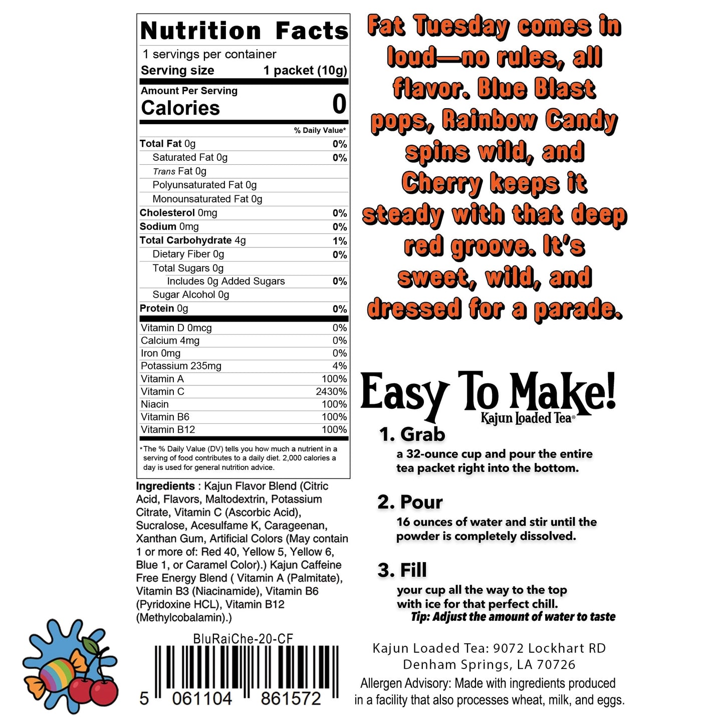 Nutrition facts label and product description for UNLoaded Tea Fat Tuesday on a white background