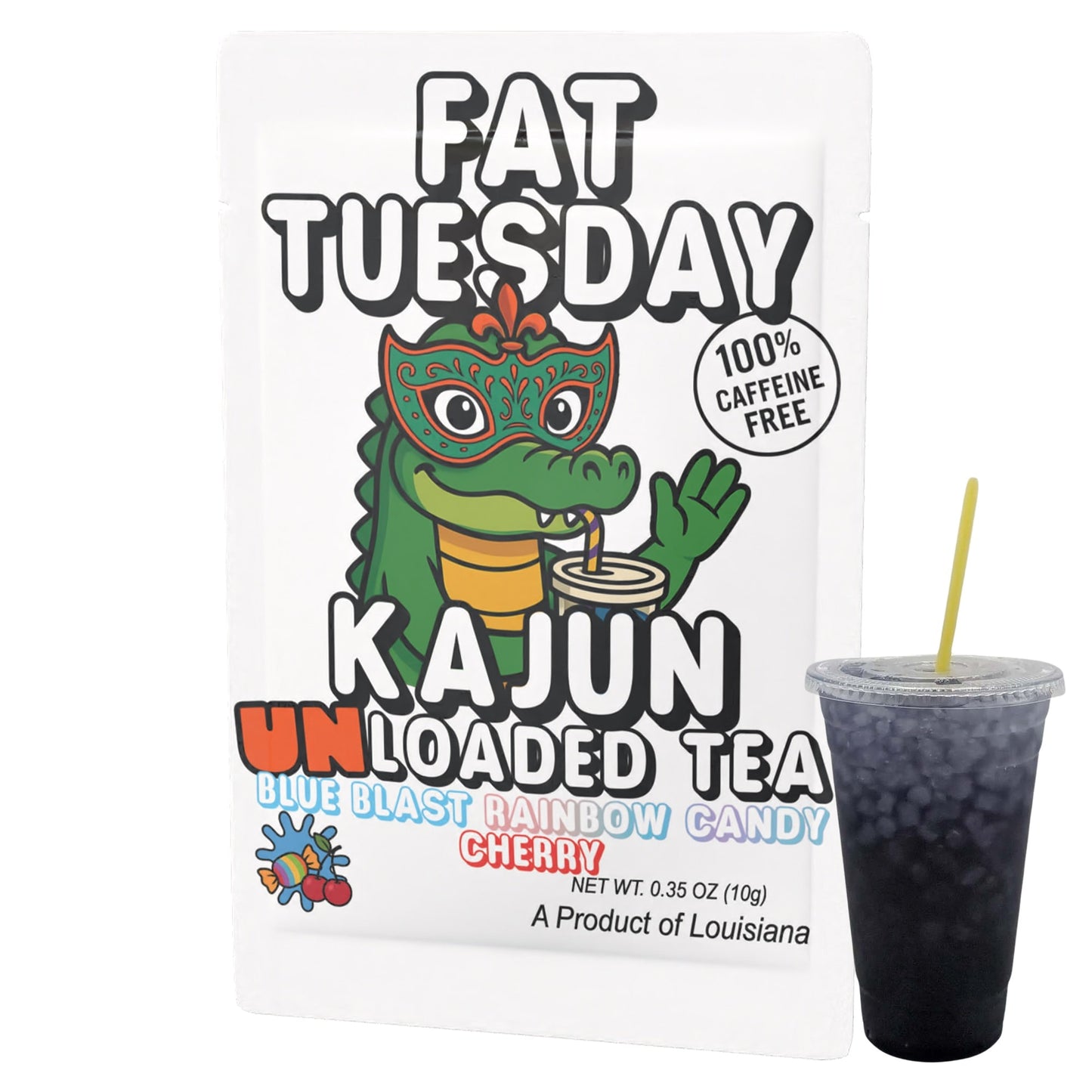 Fat Tuesday Kajun UNLoaded Tea with a 100% Caffeine Free Badge next to a dark purple drink in a cup on a white background