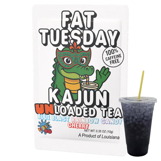 Fat Tuesday Kajun UNLoaded Tea with a 100% Caffeine Free Badge next to a dark purple drink in a cup on a white background