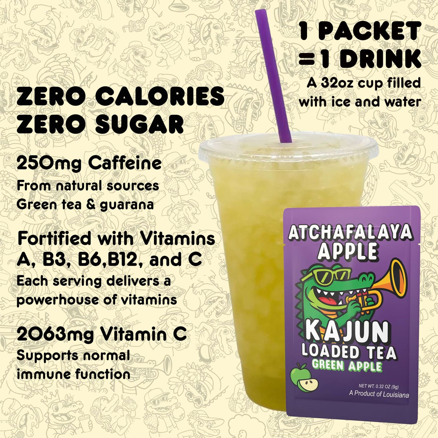 Kajun Loaded Tea drink mix packet shown with a 32oz prepared drink. Zero calories, zero sugar, 250mg natural caffeine, and added vitamins A, B3, B6, B12, and C.