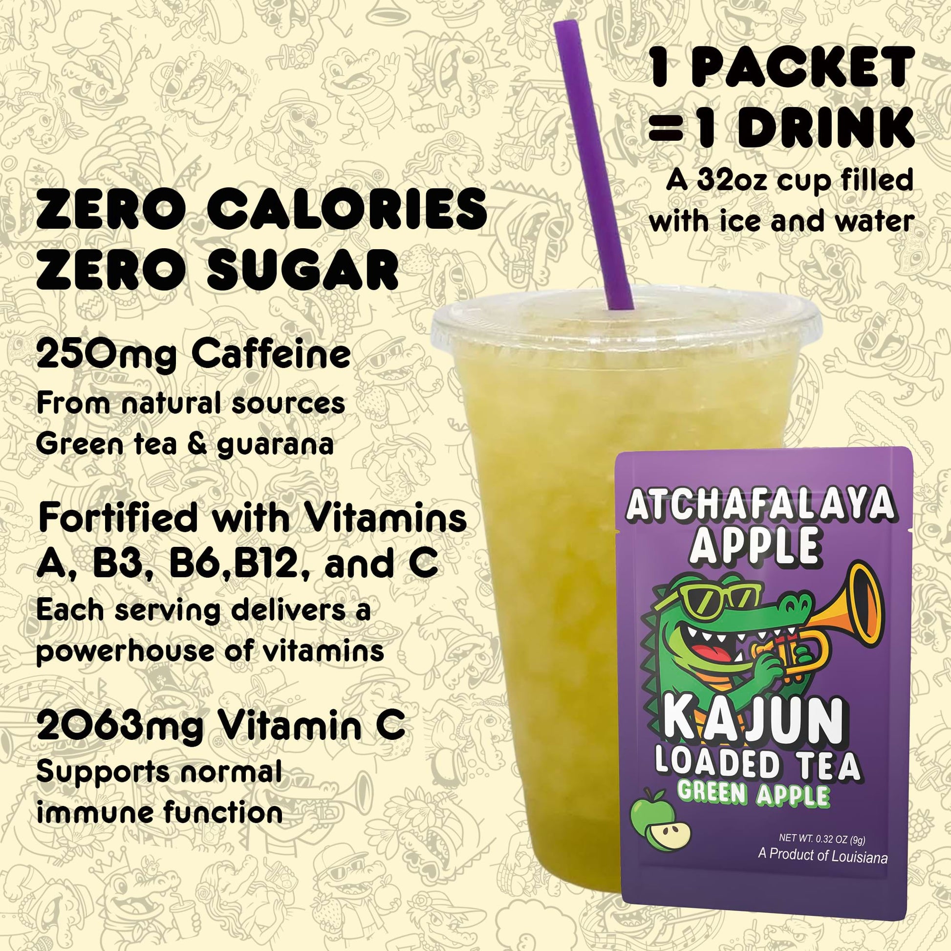 Kajun Loaded Tea drink mix packet shown with a 32oz prepared drink. Zero calories, zero sugar, 250mg natural caffeine, and added vitamins A, B3, B6, B12, and C.