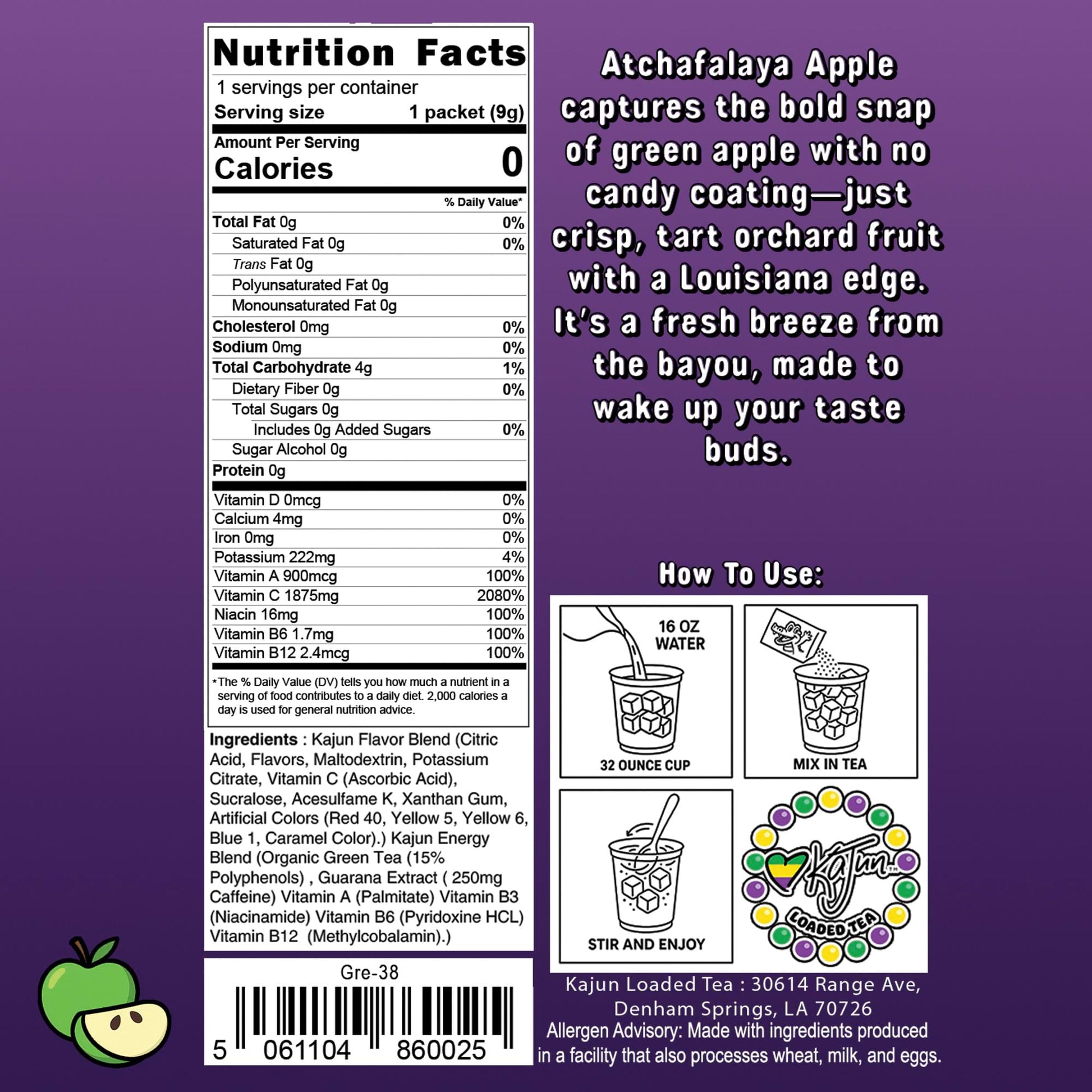 Nutrition facts label and product description on a purple background. 