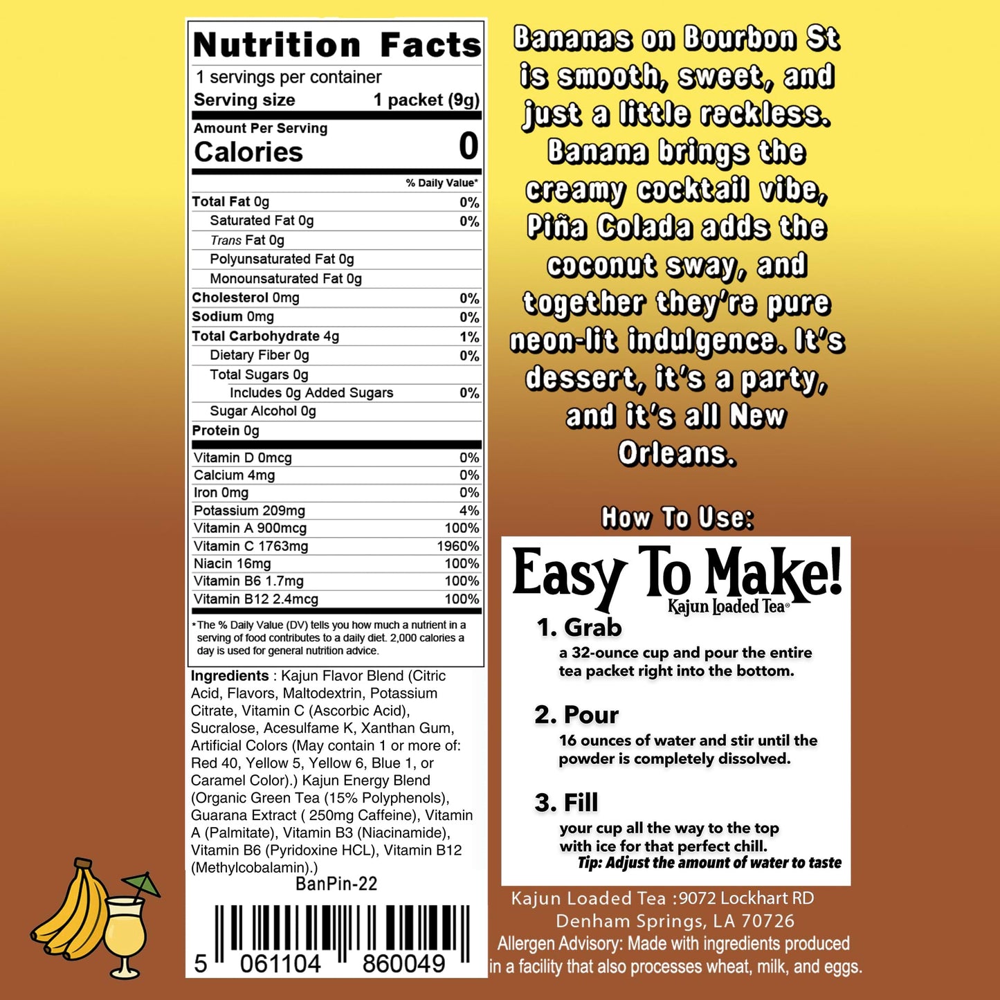 Detailed product shot of the Kajun Loaded Tea packet, focusing on the Nutrition Facts and usage information. The background is a bright yellow-gold, fading to brown.
