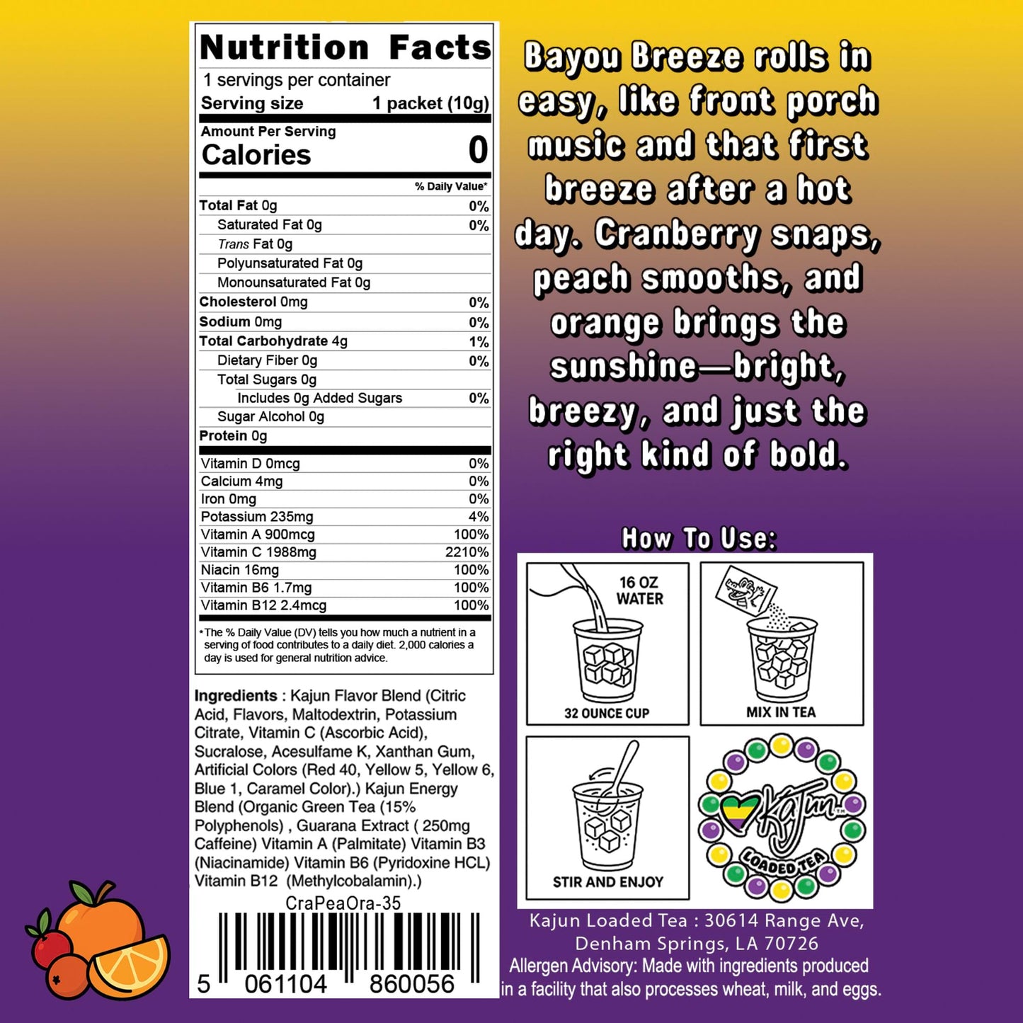 Image of the Bayou Breeze packet showing the Nutrition Facts panel, which lists 0 calories, 0 sugar, and a high vitamin C content (1988mg).
