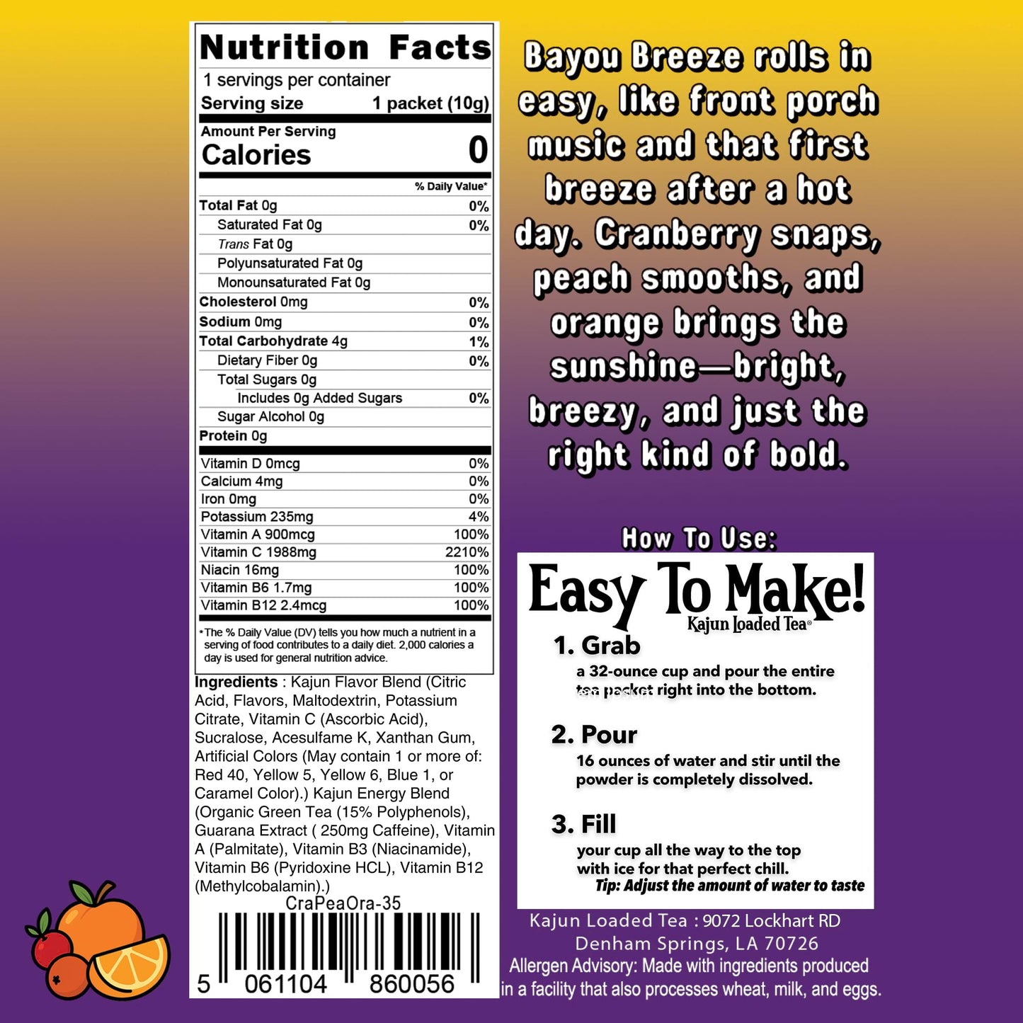 Image of the Bayou Breeze packet showing the Nutrition Facts panel, which lists 0 calories, 0 sugar, and a high vitamin C content (1988mg).
