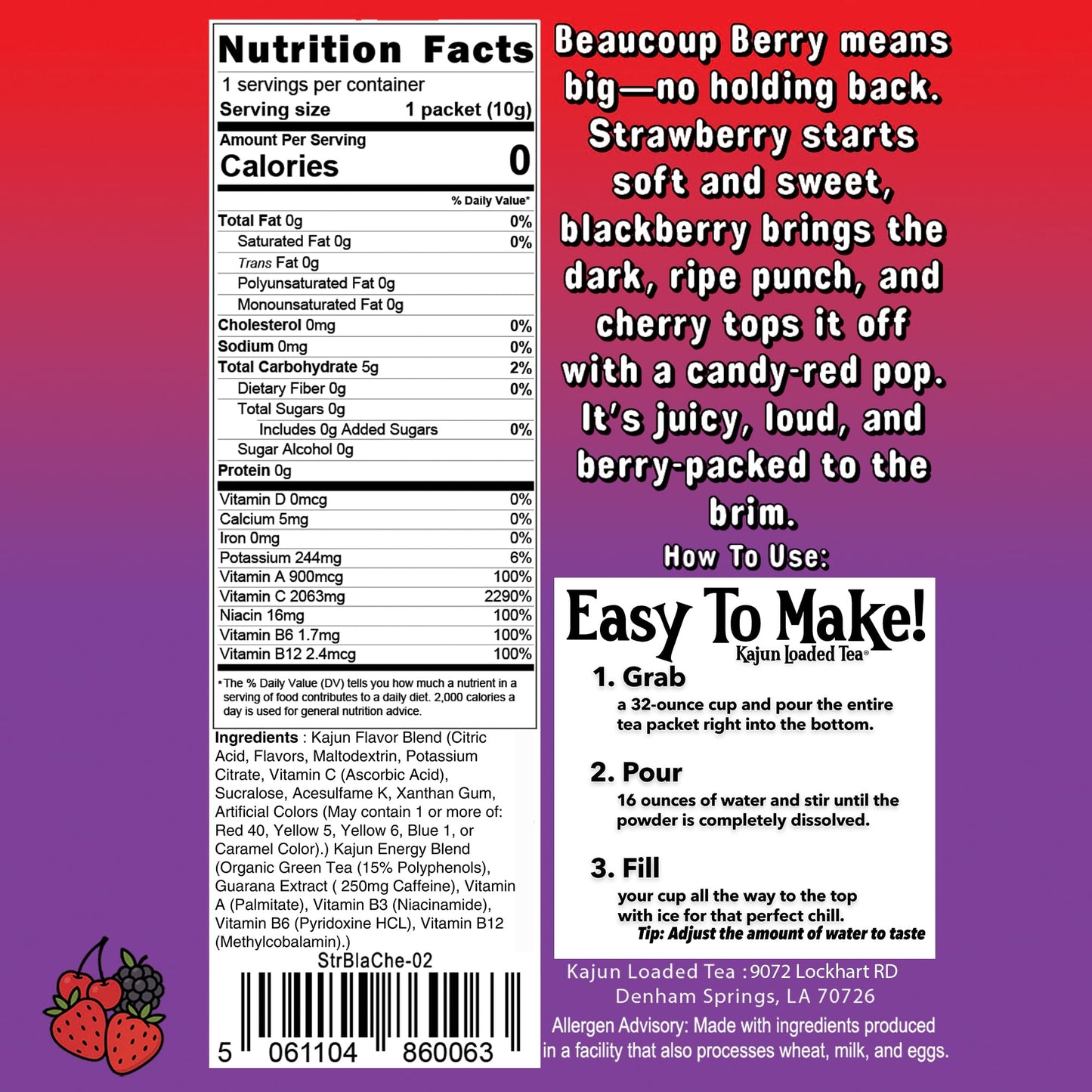 Image of the Beaucoup Berry packet displaying the Nutrition Facts panel. It confirms 0 calories, 0 sugar, and features an extremely high concentration of 2063mg Vitamin C.