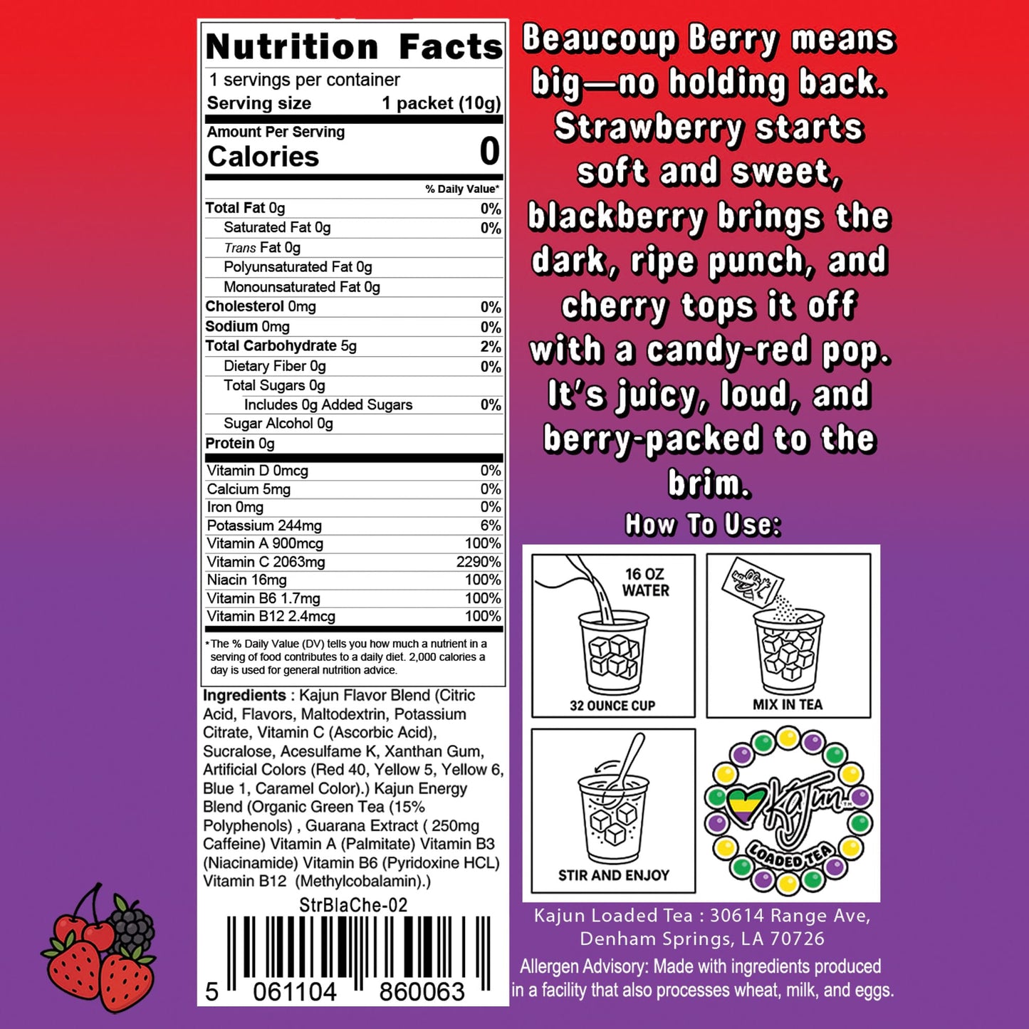 Image of the Beaucoup Berry packet displaying the Nutrition Facts panel. It confirms 0 calories, 0 sugar, and features an extremely high concentration of 2063mg Vitamin C.