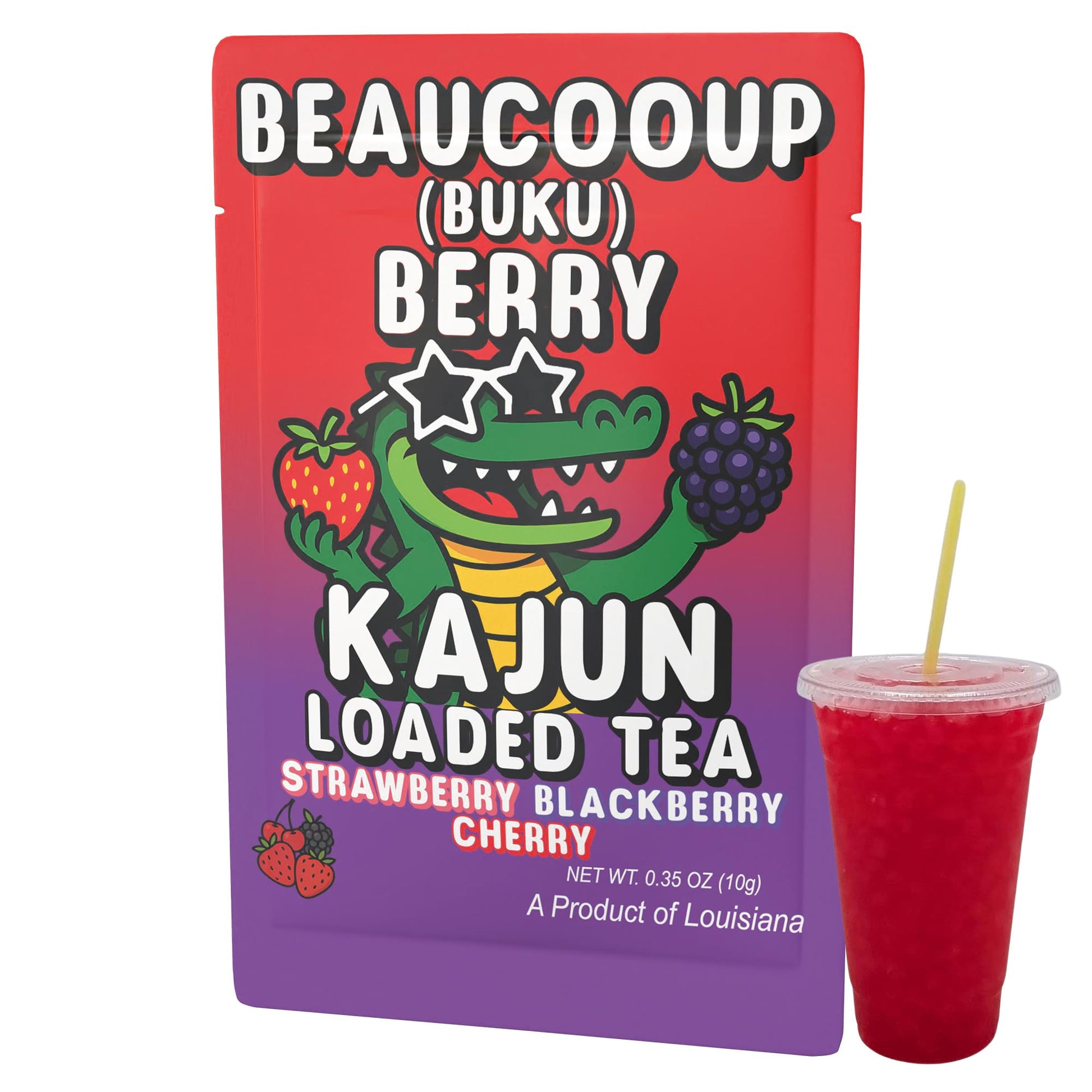 An image featuring the full Beaucoup Berry packet design (alligator in star shades) next to a clear cup of the prepared, deeply red-colored loaded tea.
