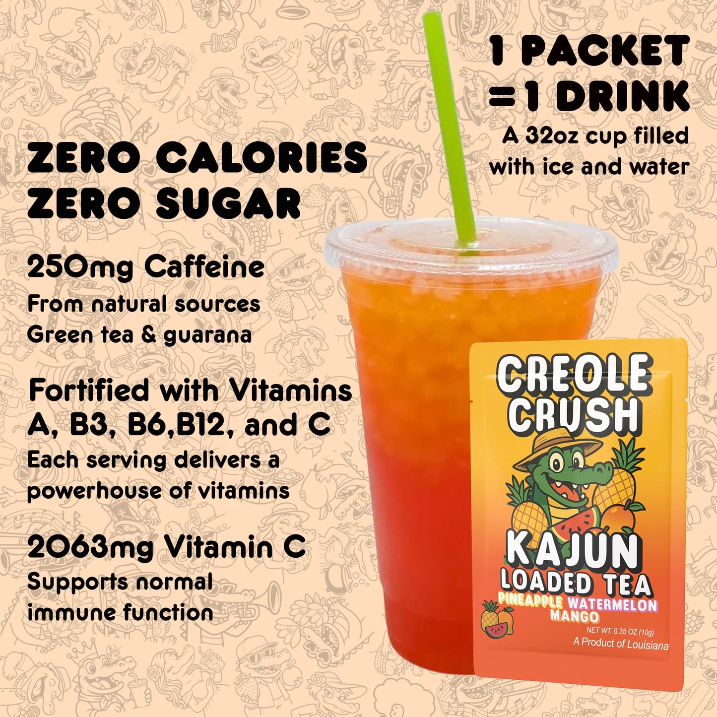 Kajun Loaded Tea drink mix packet shown with a 32oz prepared drink. Zero calories, zero sugar, 250mg natural caffeine, and added vitamins A, B3, B6, B12, and C.