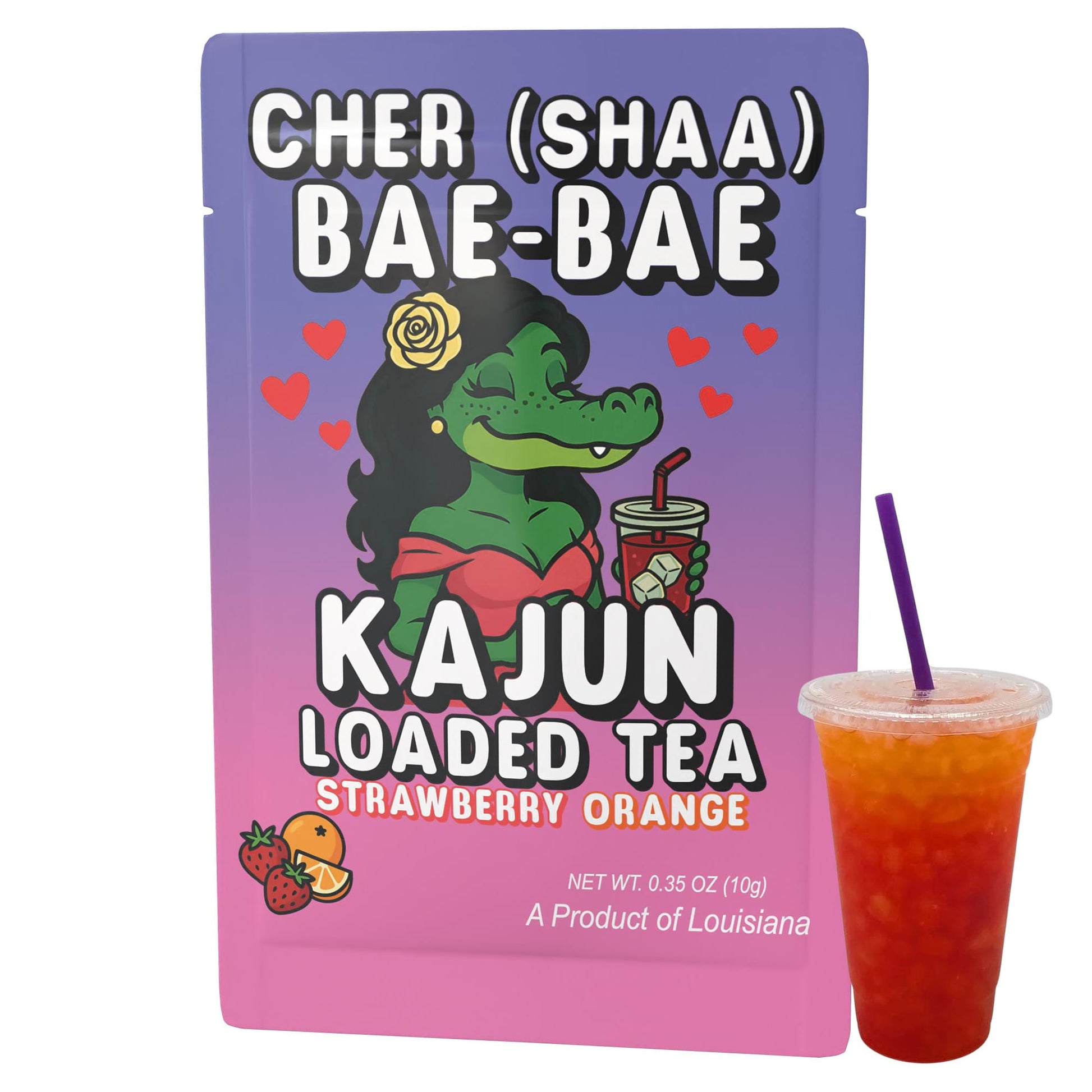 Image showcasing the single Cher (Shaa) Bae-Bae packet (with the female alligator mascot) standing next to a clear cup of the prepared loaded tea, which is visibly layered with red and orange colors.