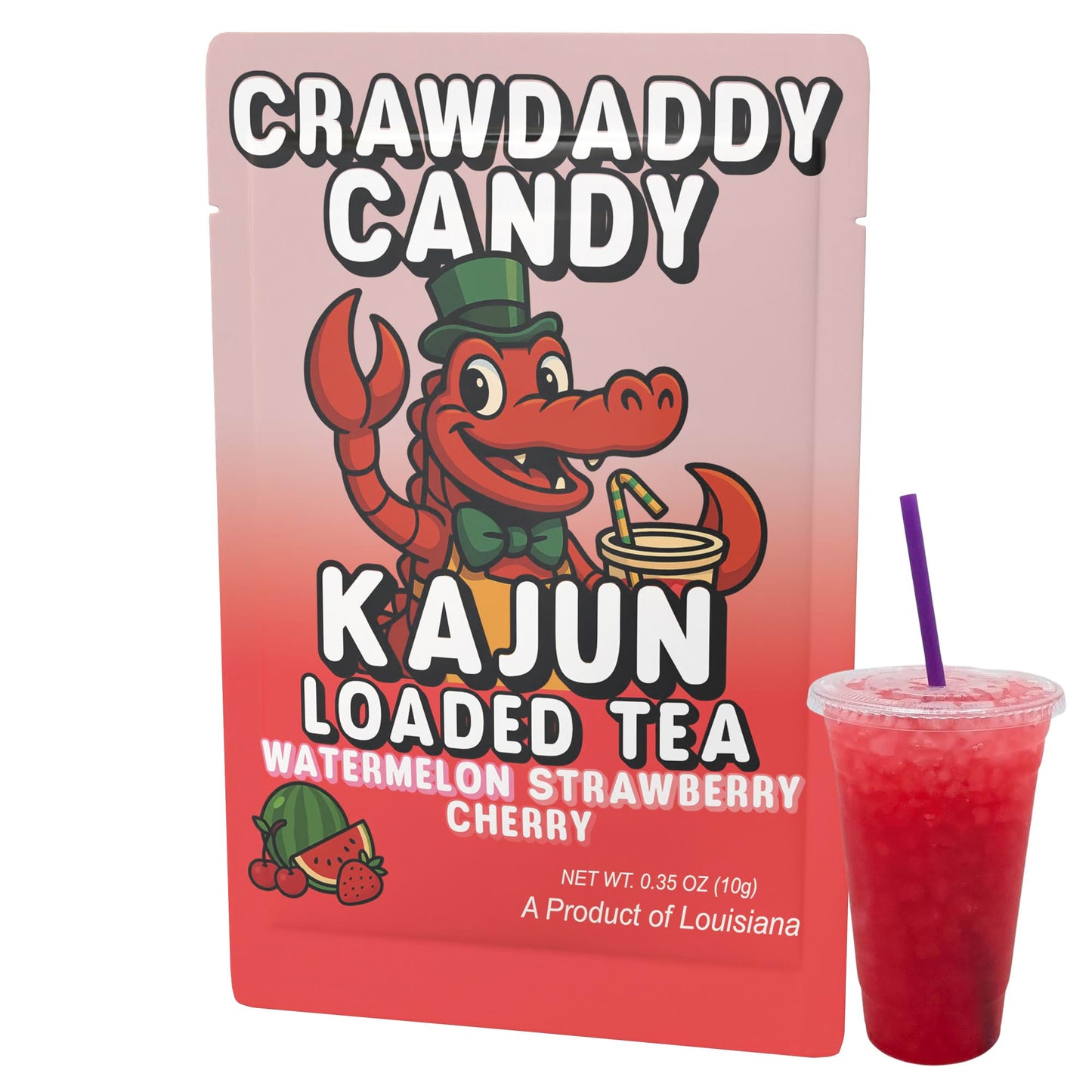 Image showcasing the single Crawdaddy Candy packet design (the red alligator in a top hat) next to a clear cup of the prepared, vibrant red-colored loaded tea.