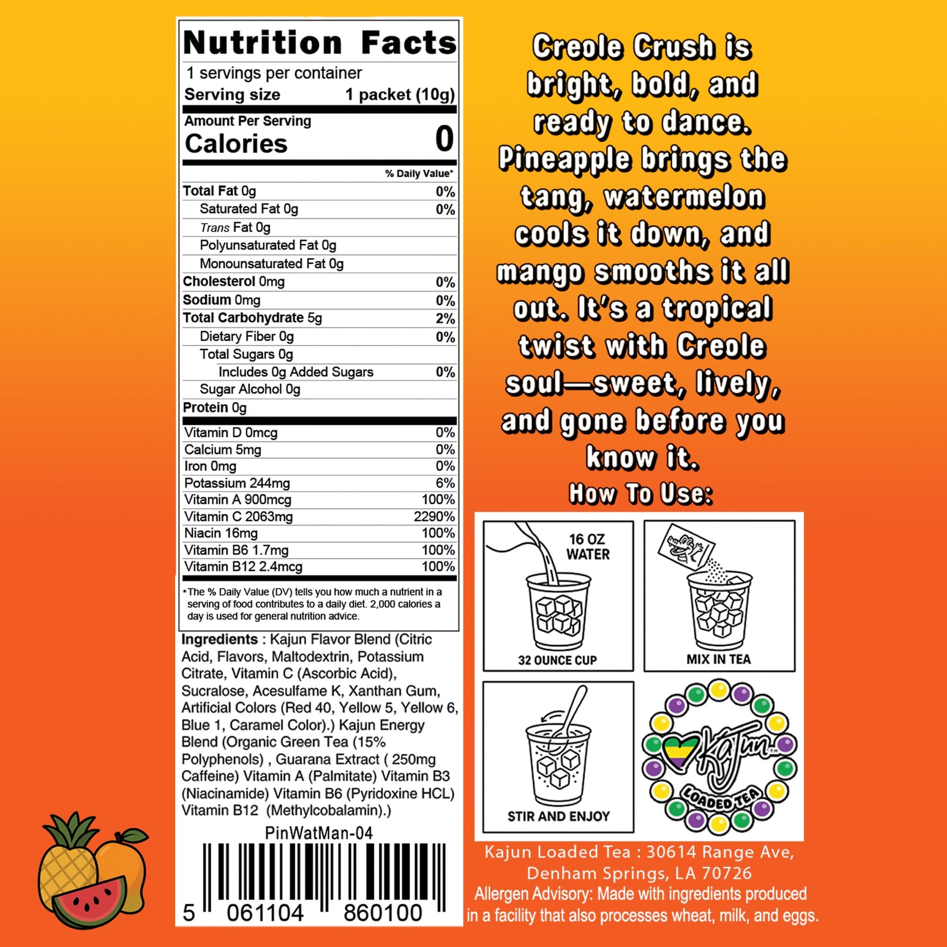 This image features the Nutrition Facts panel, confirming 0 Calories, 0 Sugar, and 2063mg Vitamin C.