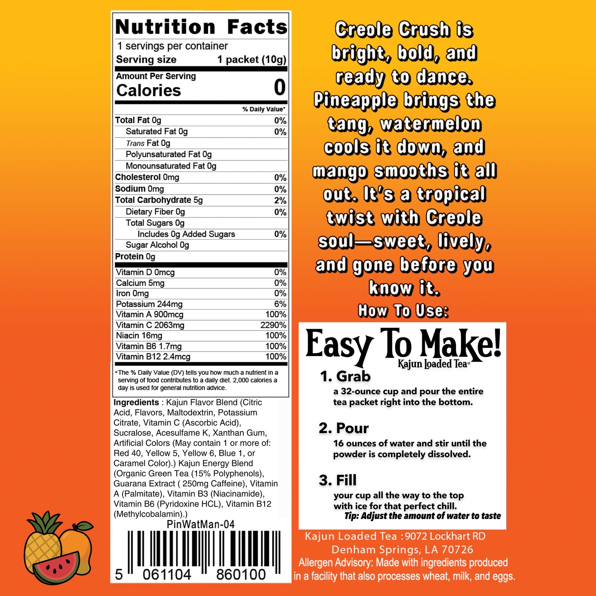 This image features the Nutrition Facts panel, confirming 0 Calories, 0 Sugar, and 2063mg Vitamin C.