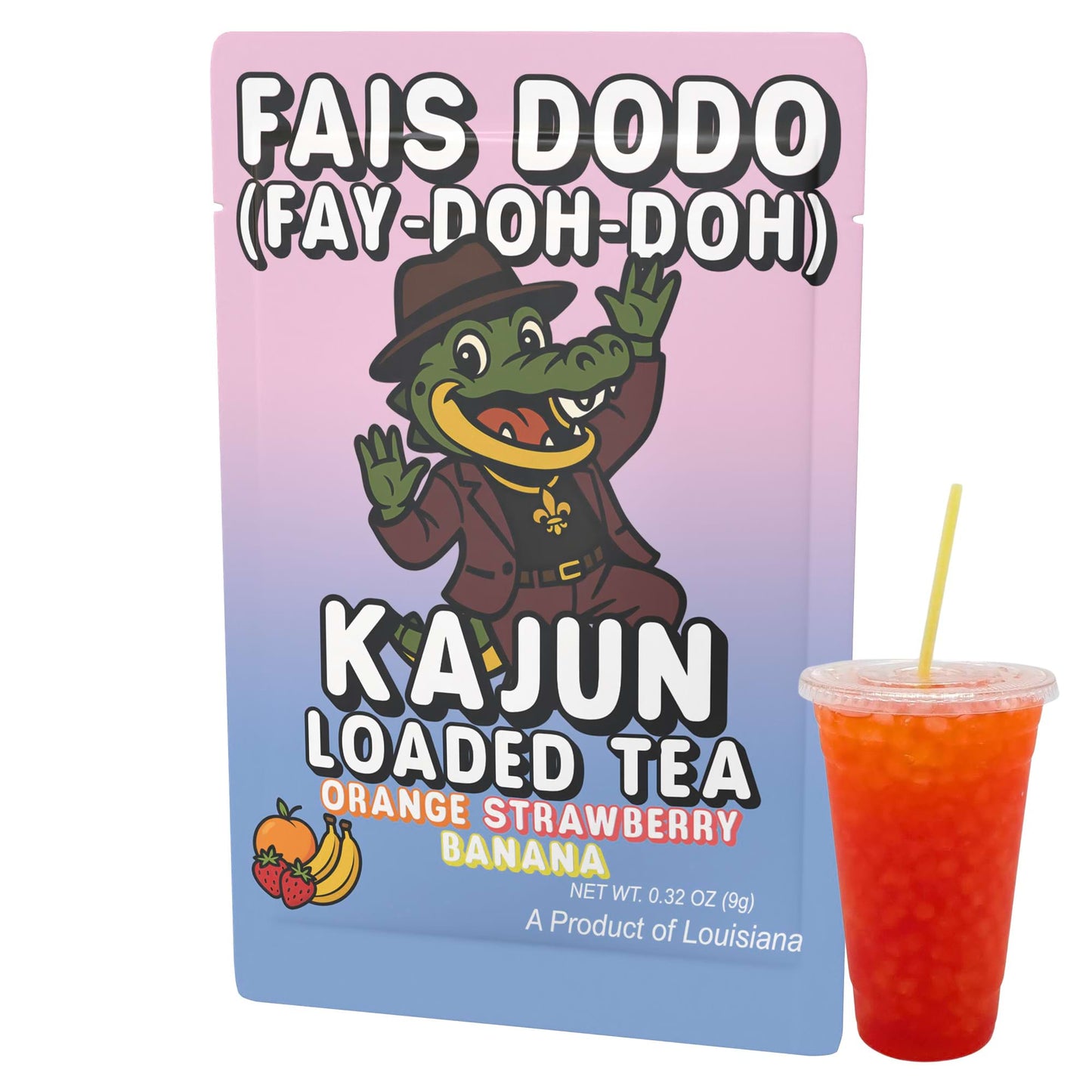 Product Image showcasing a single Fais Dodo Kajun Loaded Tea Packet, positioned next to a clear cup of the prepared, two-tone red and orange loaded tea.