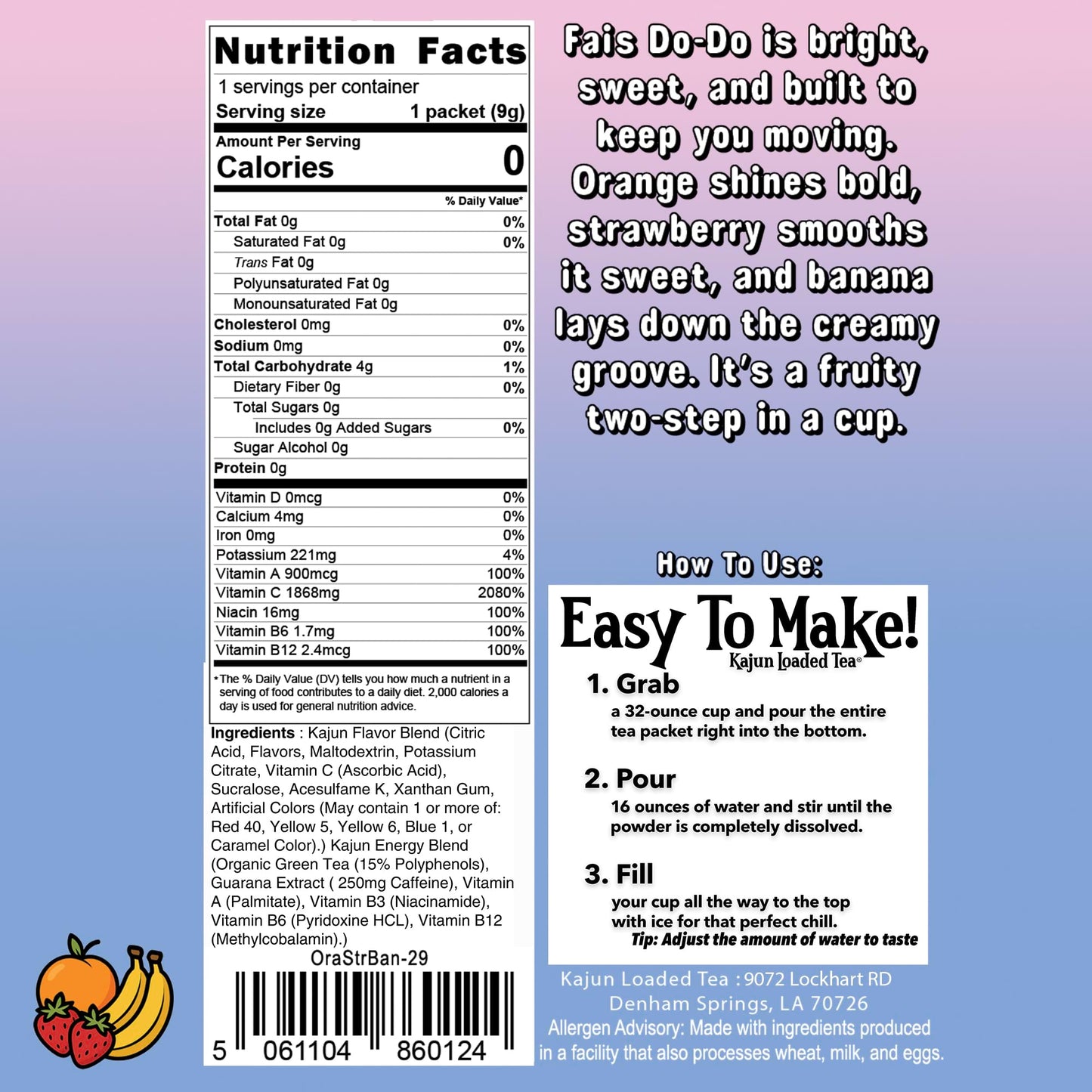 This photo presents the Nutrition Facts panel, indicating 0 Calories, 0 Sugar, and 1868mg Vitamin C.