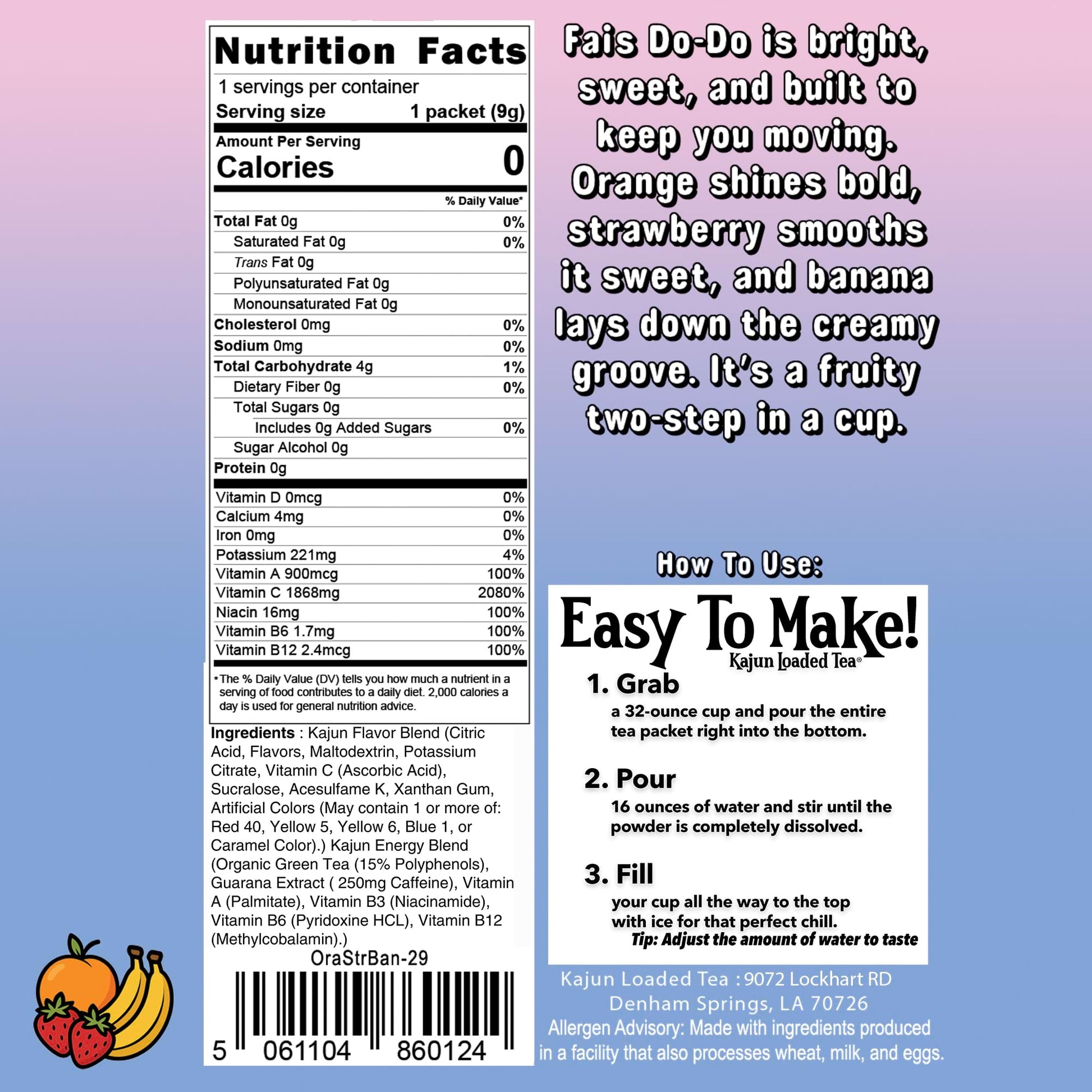 This photo presents the Nutrition Facts panel, indicating 0 Calories, 0 Sugar, and 1868mg Vitamin C.