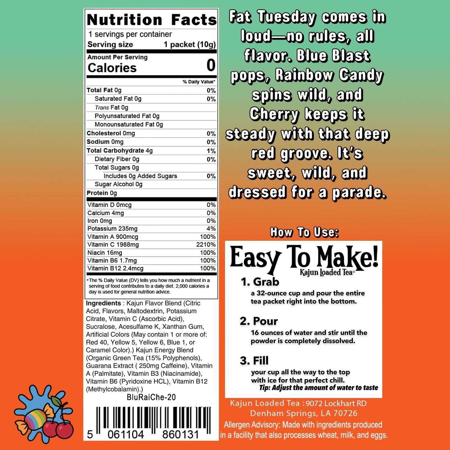 Nutrition Facts panel confirming 0 Calories and 0 Sugar. Shows a high concentration of 1988mg Vitamin C. Flavor text describes the Blue Blast, Rainbow Candy, and Cherry profile, and the bottom section features a guide for mixing the drink.