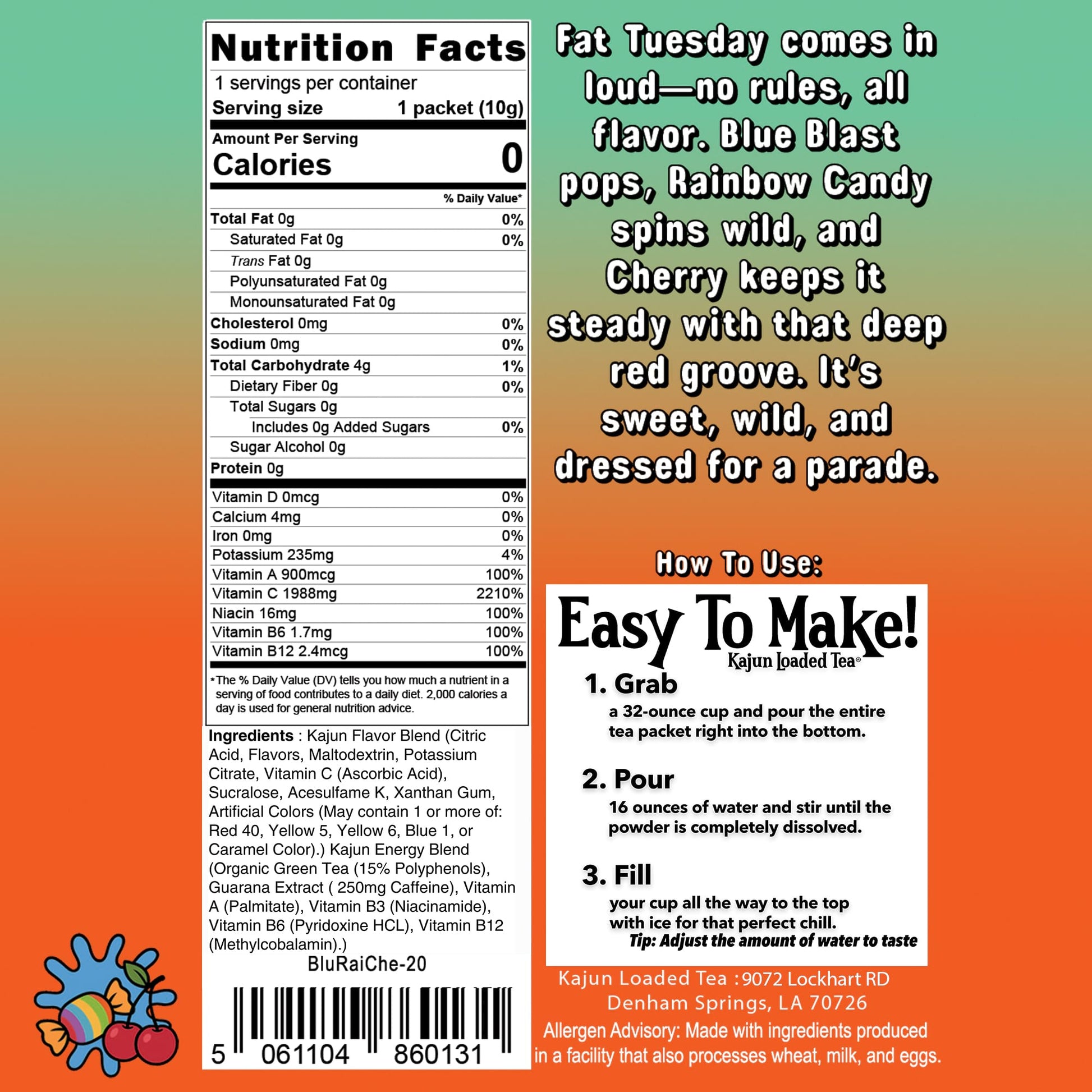 Nutrition Facts panel confirming 0 Calories and 0 Sugar. Shows a high concentration of 1988mg Vitamin C. Flavor text describes the Blue Blast, Rainbow Candy, and Cherry profile, and the bottom section features a guide for mixing the drink.