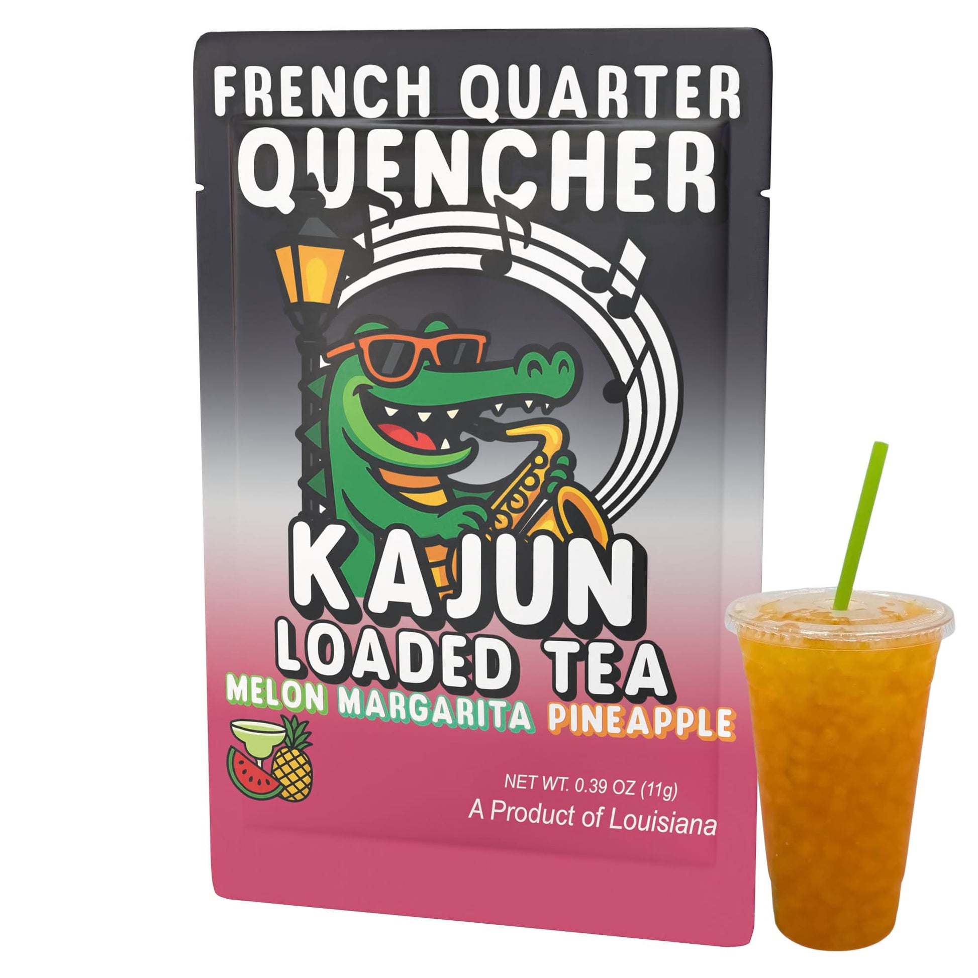 Showcase of the single French Quarter Quencher packet beside a clear cup of the prepared, golden-orange loaded tea.